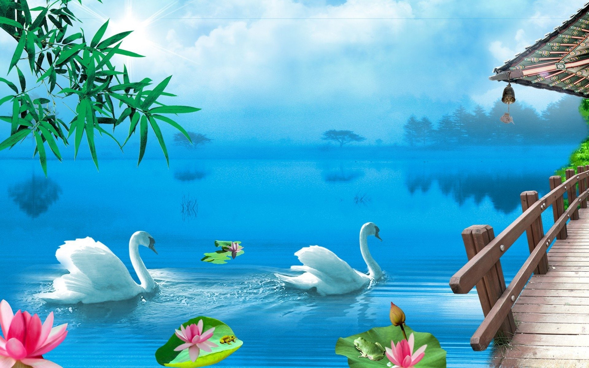 Lotus, Painting, Swan, 1080P, Lake, Artistic, HD Wallpaper