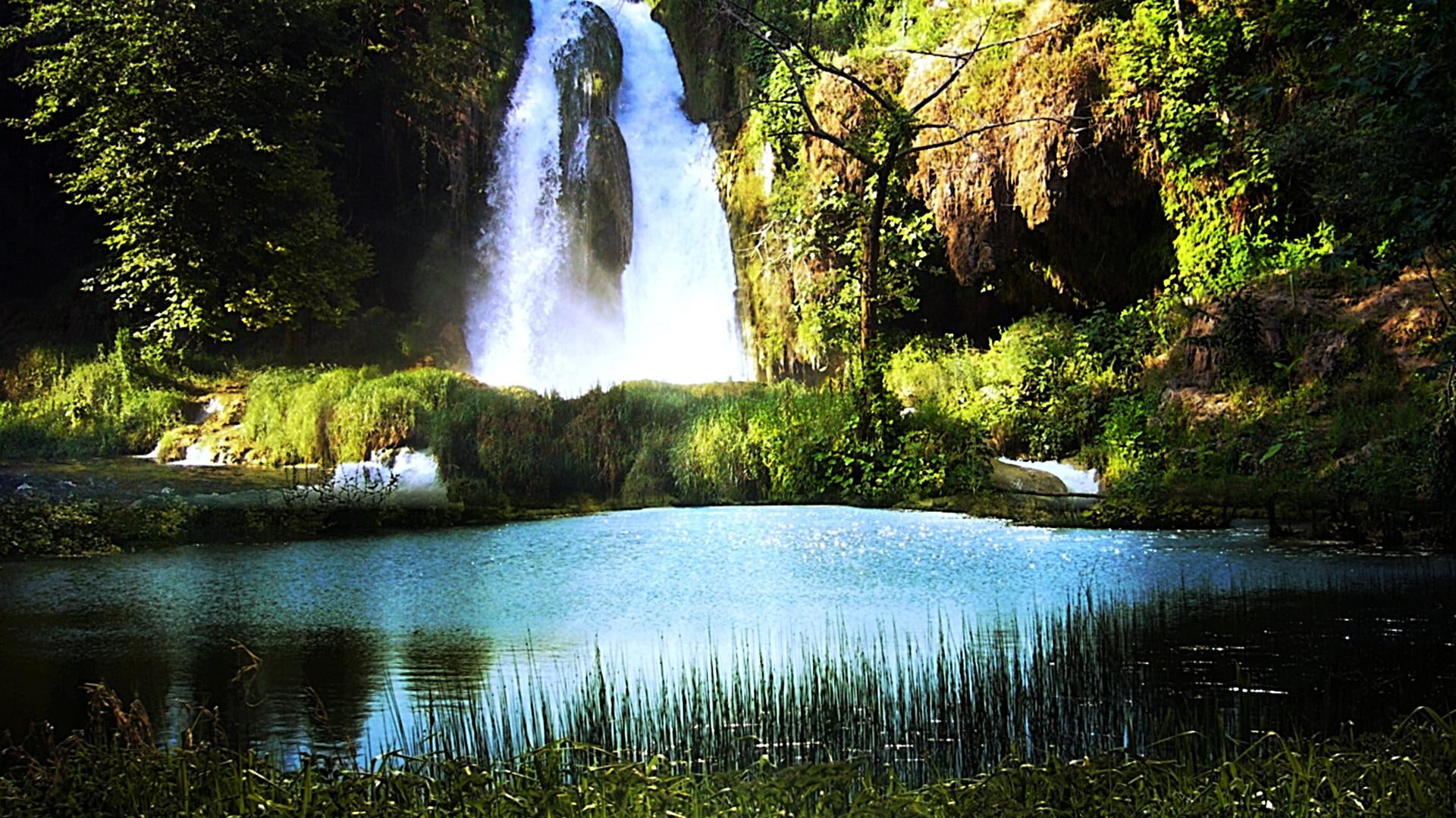 blue, lovely, amazing, garden, beauty, gorgeous, 3d and abstract, 1080P, cool, waterfall, warm, HD Wallpaper