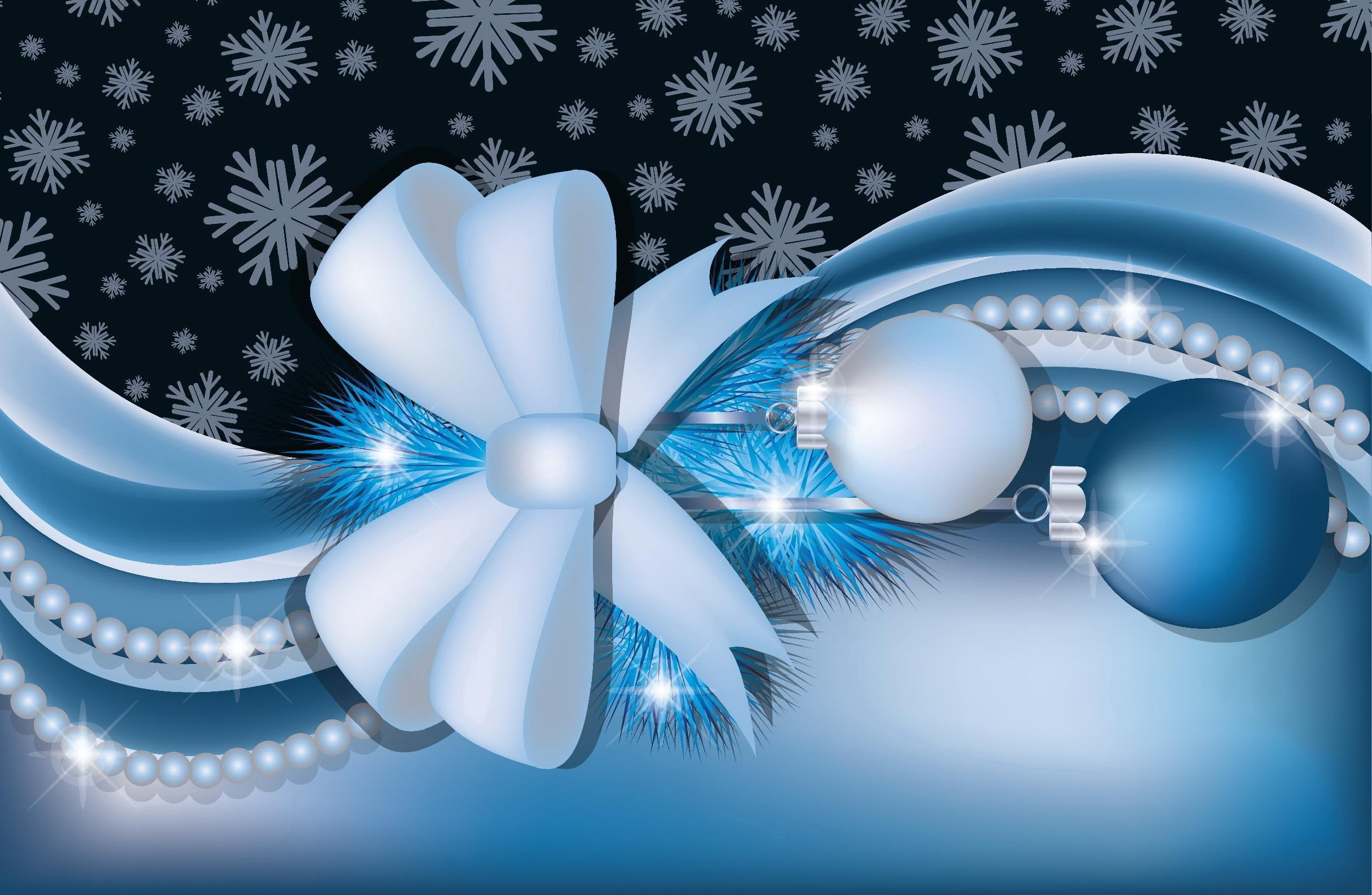 two, beautiful, nice, ribbon, christmas, lovely, blue, pearls, baubles, 1080P, pretty, snowflakes, new year, decor, balls, white, decoration, HD Wallpaper
