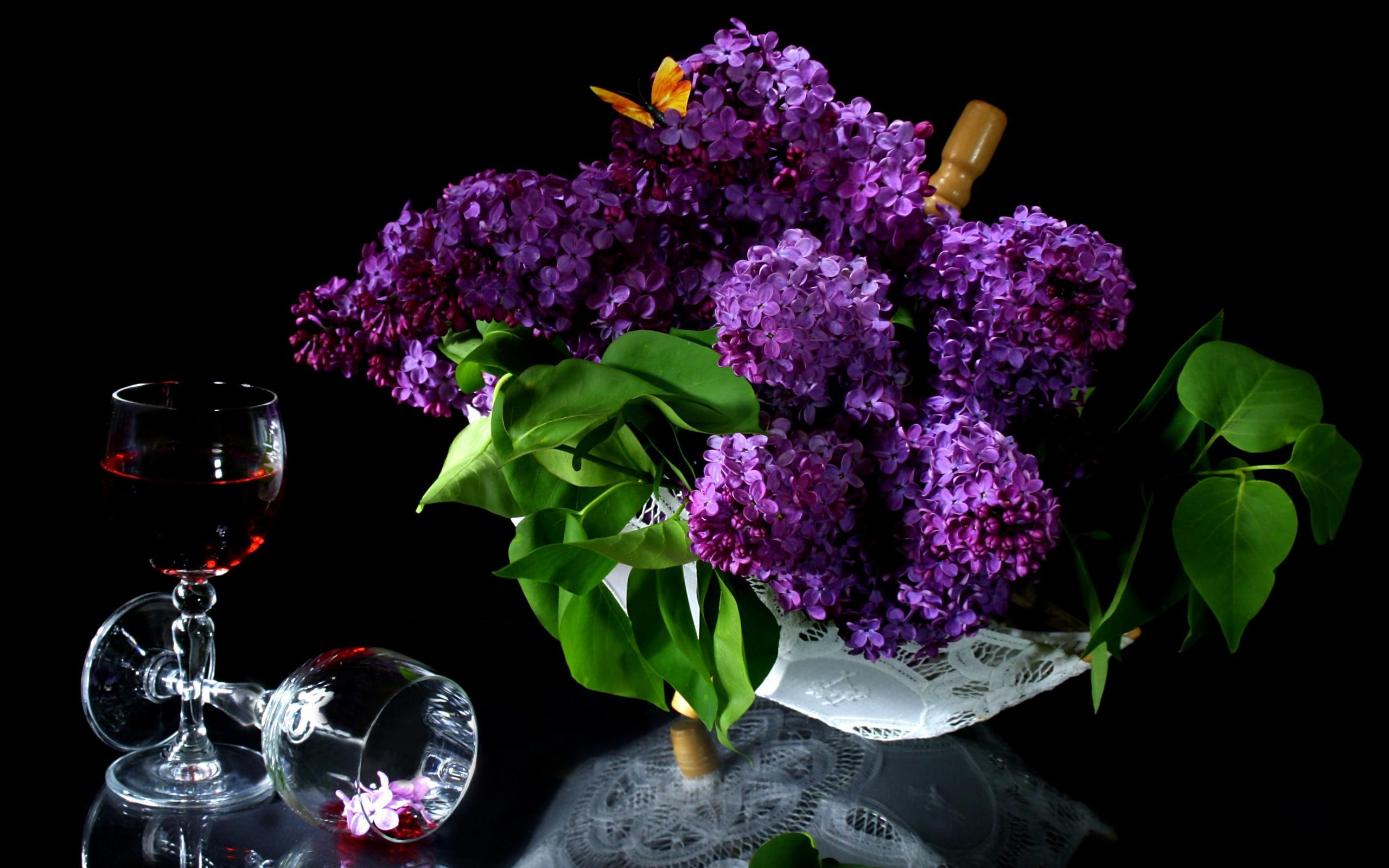bouquet, leaves, birthday, happy, lovely, sweetness, still life, beautiful, butterfly, still, lilac, pretty, flowers, 2K, anca, HD Wallpaper