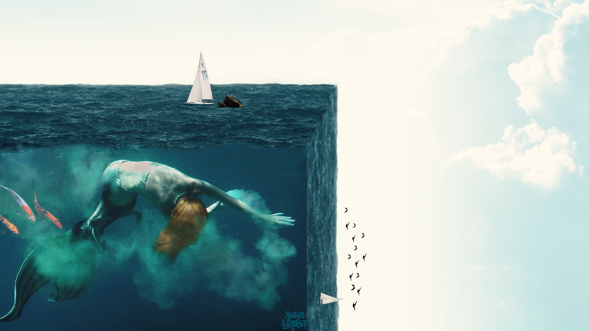 mermaid, water, day, full length, sailboats, leisure activity, trip, sport, swimming, underwater, 1080P, fantasy girl, birds, undersea, one person, sky, HD Wallpaper