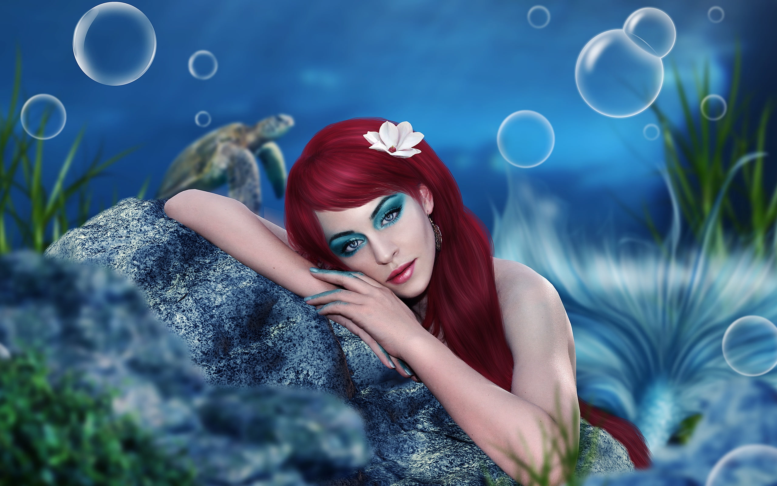 Underwater, Art, Hair, 2K, Makeup, Red, Fantasy, Mermaid, Girl, HD Wallpaper