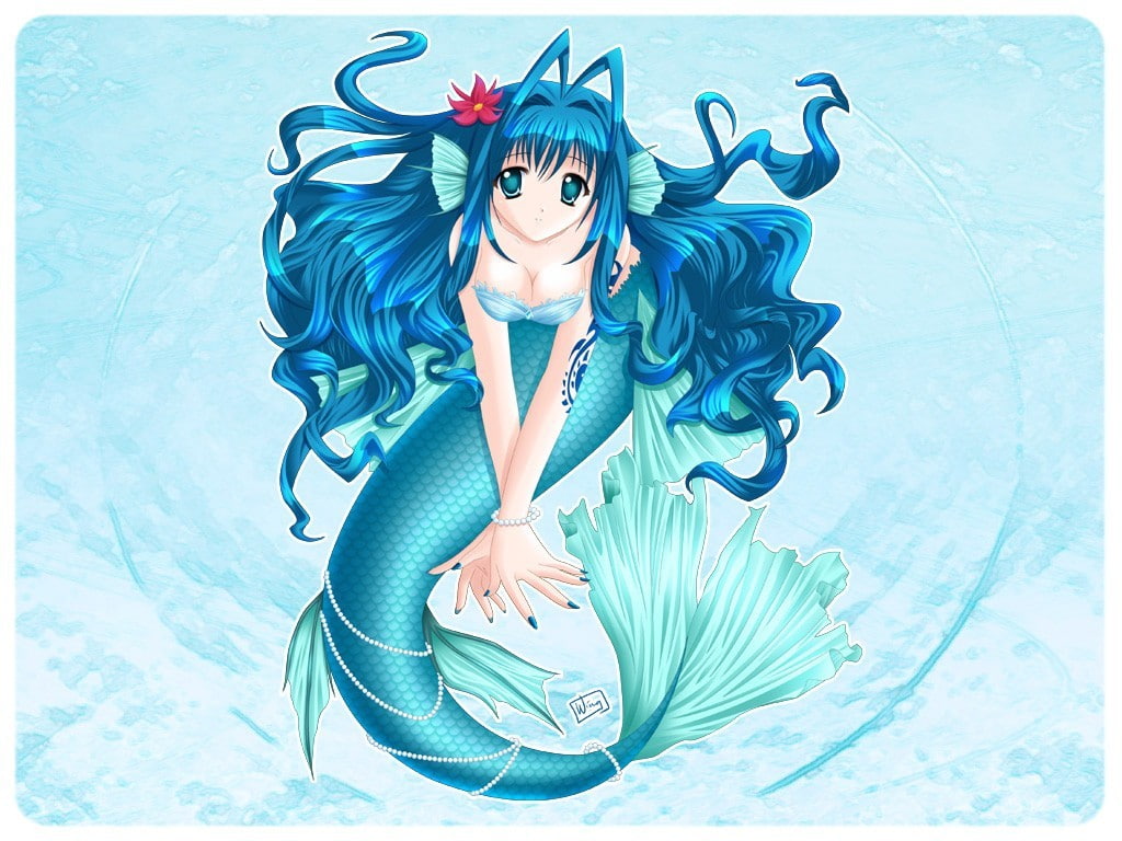 girls, anime, hd, mermaid, tail, Blue, 480P, art, cute, Beads, HD Wallpaper