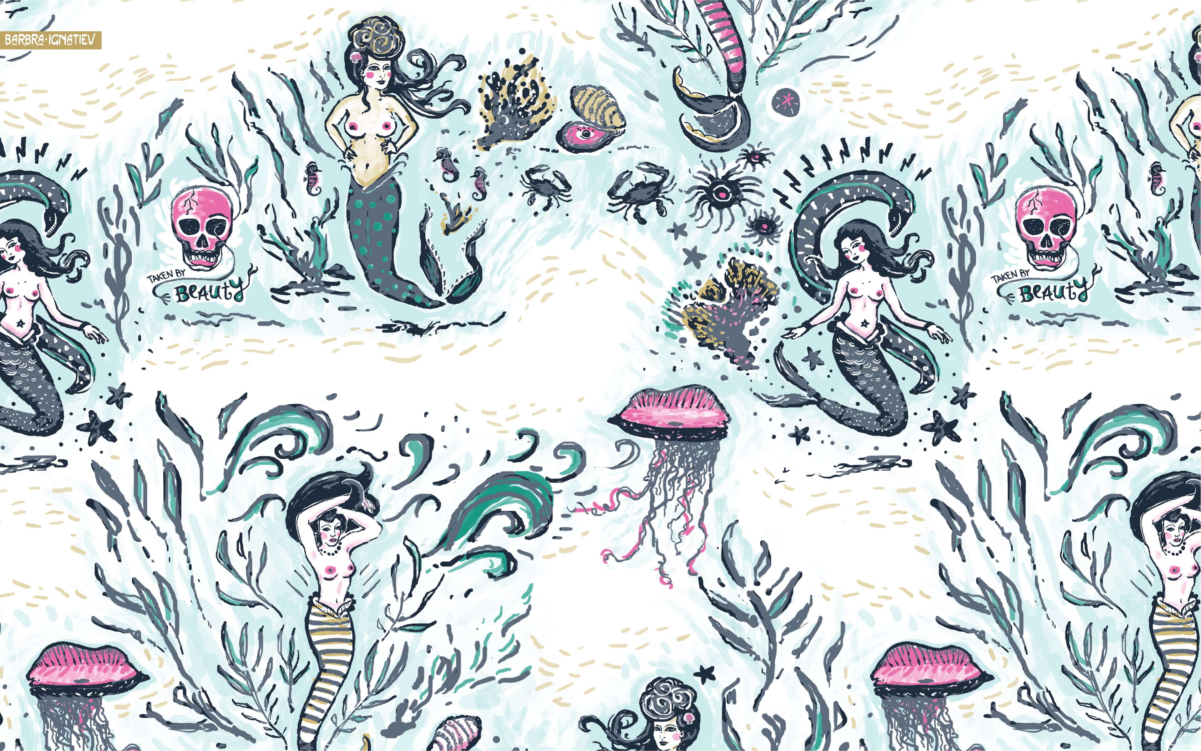 lightblue, blue, no people, multi colored, skulls, pink, wall - building feature, backgrounds, seahorses, design, pattern, party, textured, oysters, crabs, HD Wallpaper