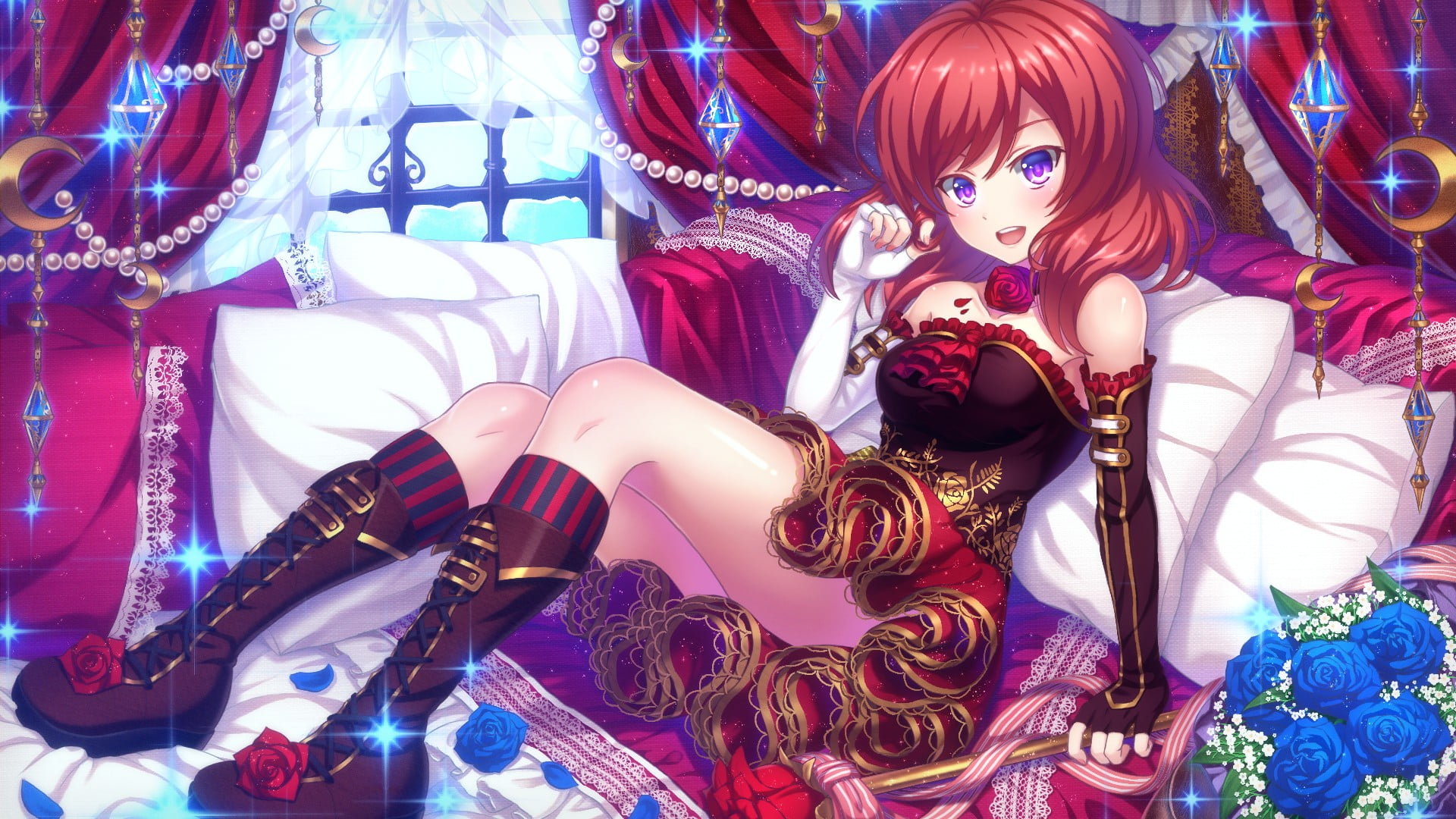 character, celebration, anime, Nishikino Maki, human representation, eyes, toy, 1080P, festival, carnival - celebration event, purple, creativity, indoors, HD Wallpaper