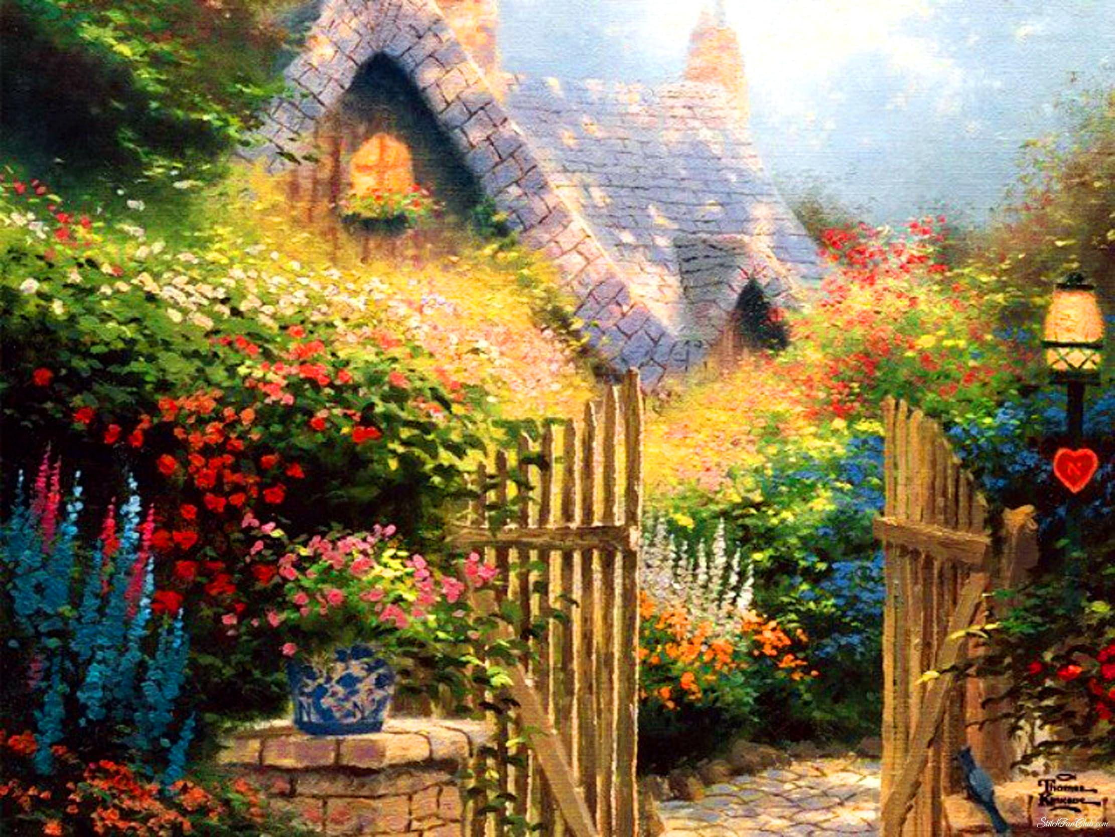 cozy, painting, gate, lovely, cabin, summer, colorful, wooden, nice, pretty, calmness, flowers, small, beautiful, house, 1080P, brown, HD Wallpaper