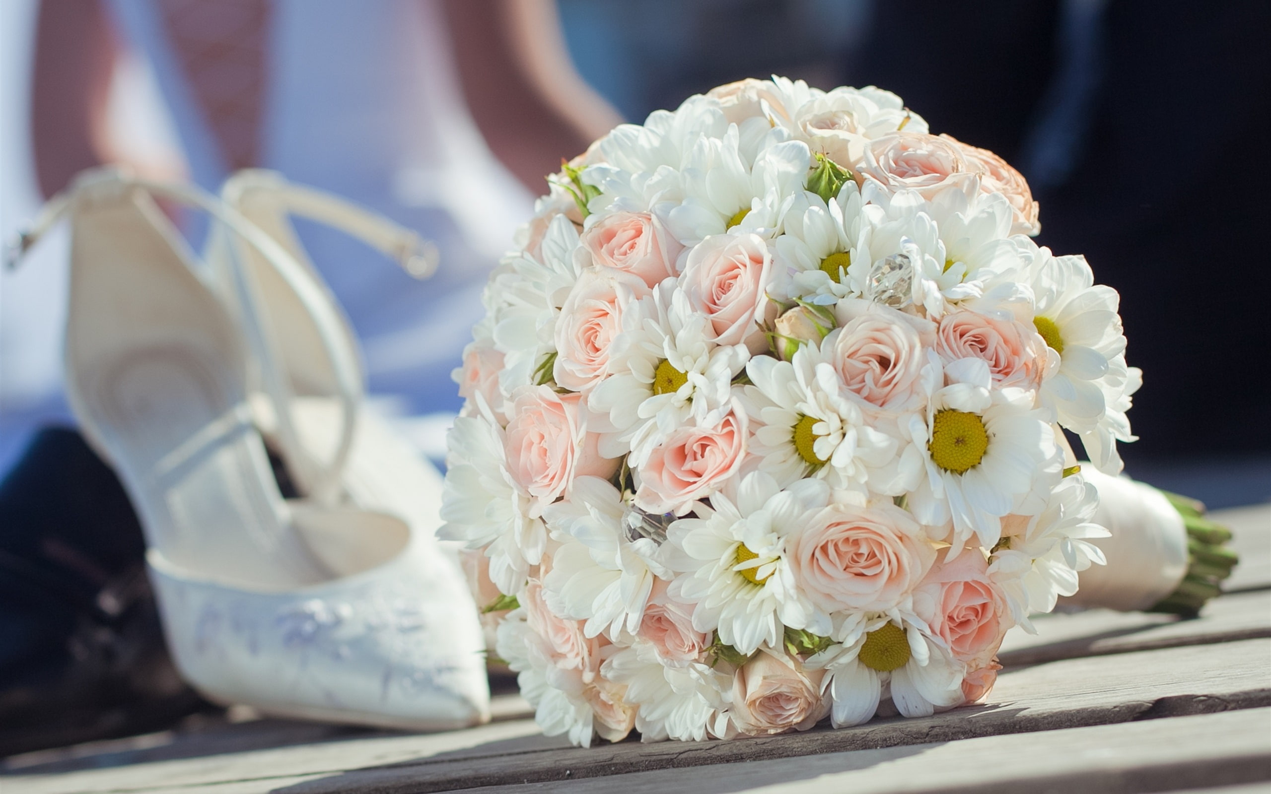 Wedding, White, Daisy, Roses, 2K, Bouquet, Shoes, Pink, Flowers, HD Wallpaper