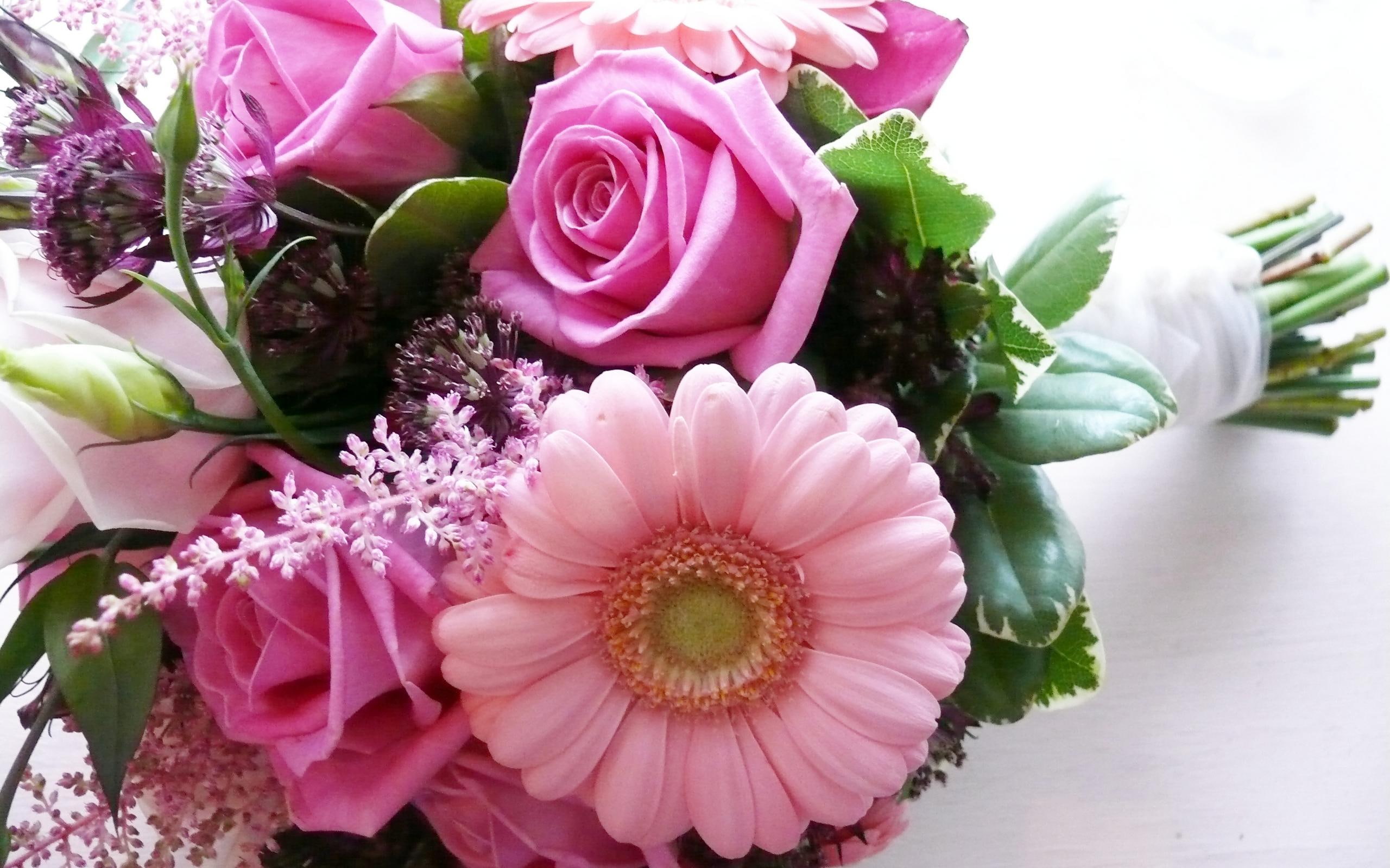 2K, bouquet, still life, roses, pink rose, lovely, pink, anca, flowers, nature, beautiful, gerbera, pretty, HD Wallpaper