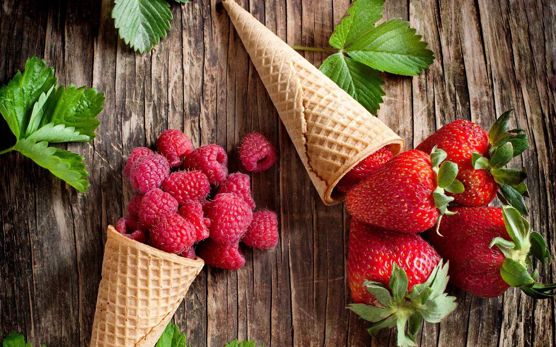 Raspberries, Strawberries, Fruits, 1080P, Fresh, waffle, Leaves, HD Wallpaper