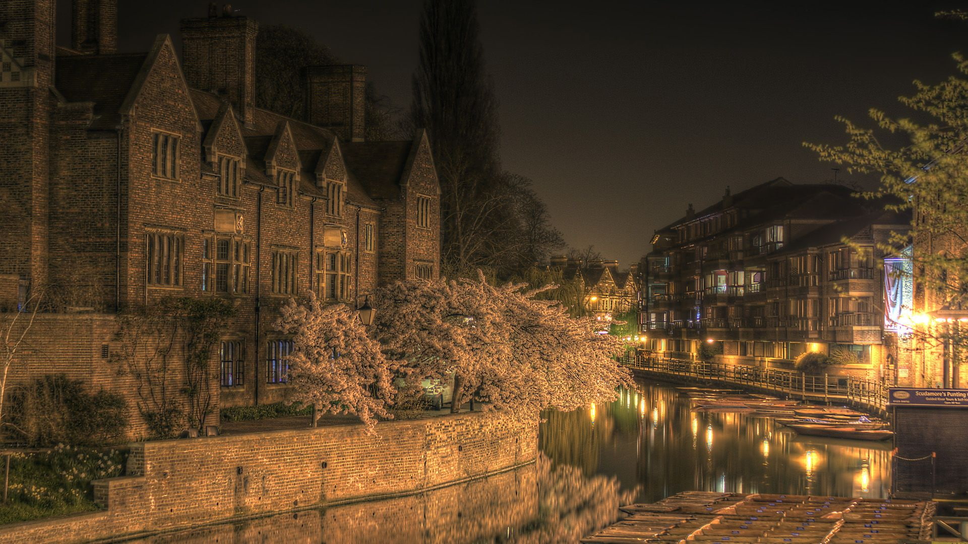 magdelene, cambridge, moat, hd, water, night, 1080P, college, HD Wallpaper