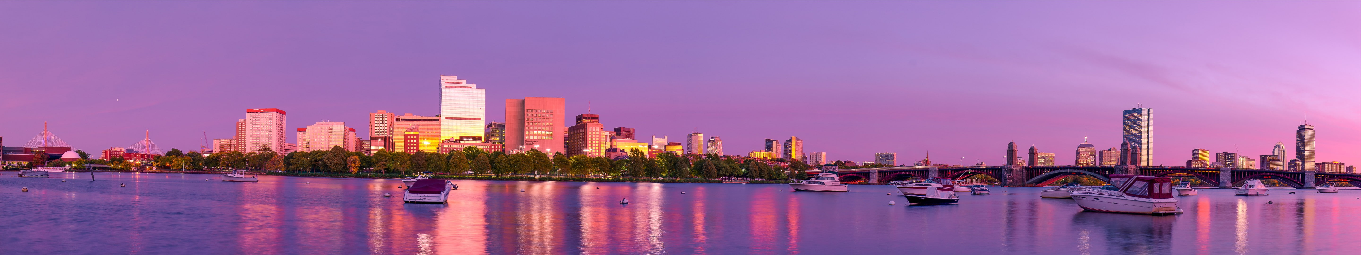 5K, water, financial district, architecture, building, no people, pink color, landscape, sky, panorama, nautical vessel, sunset, built structure, cityscape, HD Wallpaper
