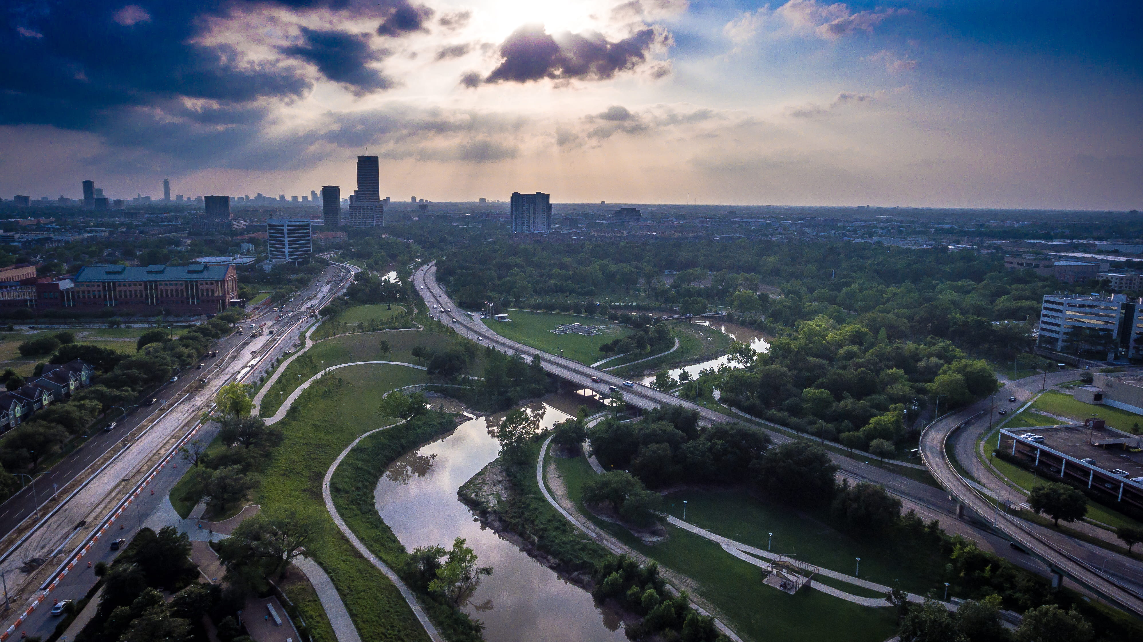 drone, multiple lane highway, highway, transportation, sunset, cityscape, car, skyscraper, no people, building exterior, built structure, architecture, HD Wallpaper