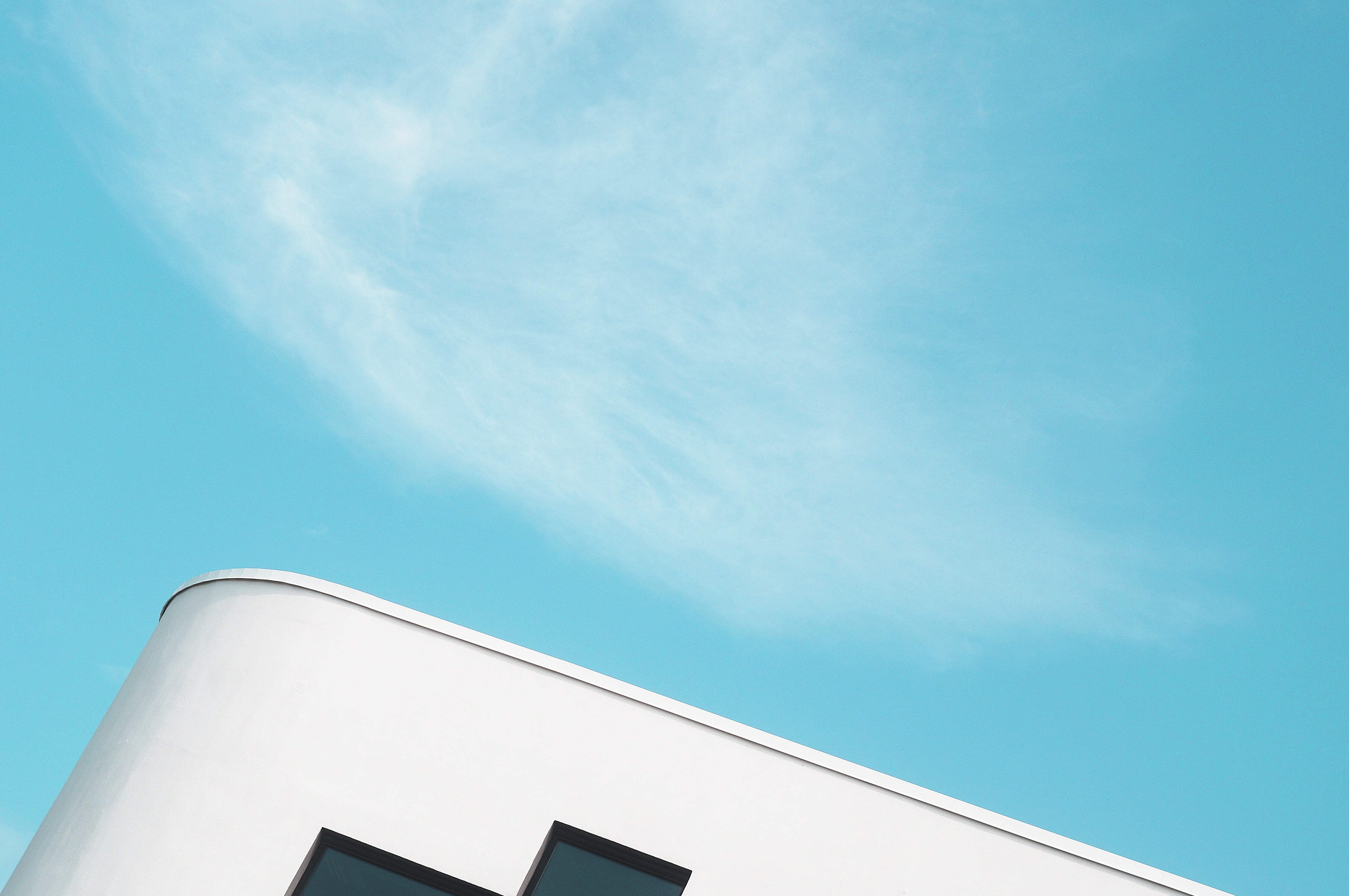 building exterior, high section, 4K, industry, outdoors, roof, copy space, directly below, white color, white, clear sky, cloud - sky, building, no people, HD Wallpaper
