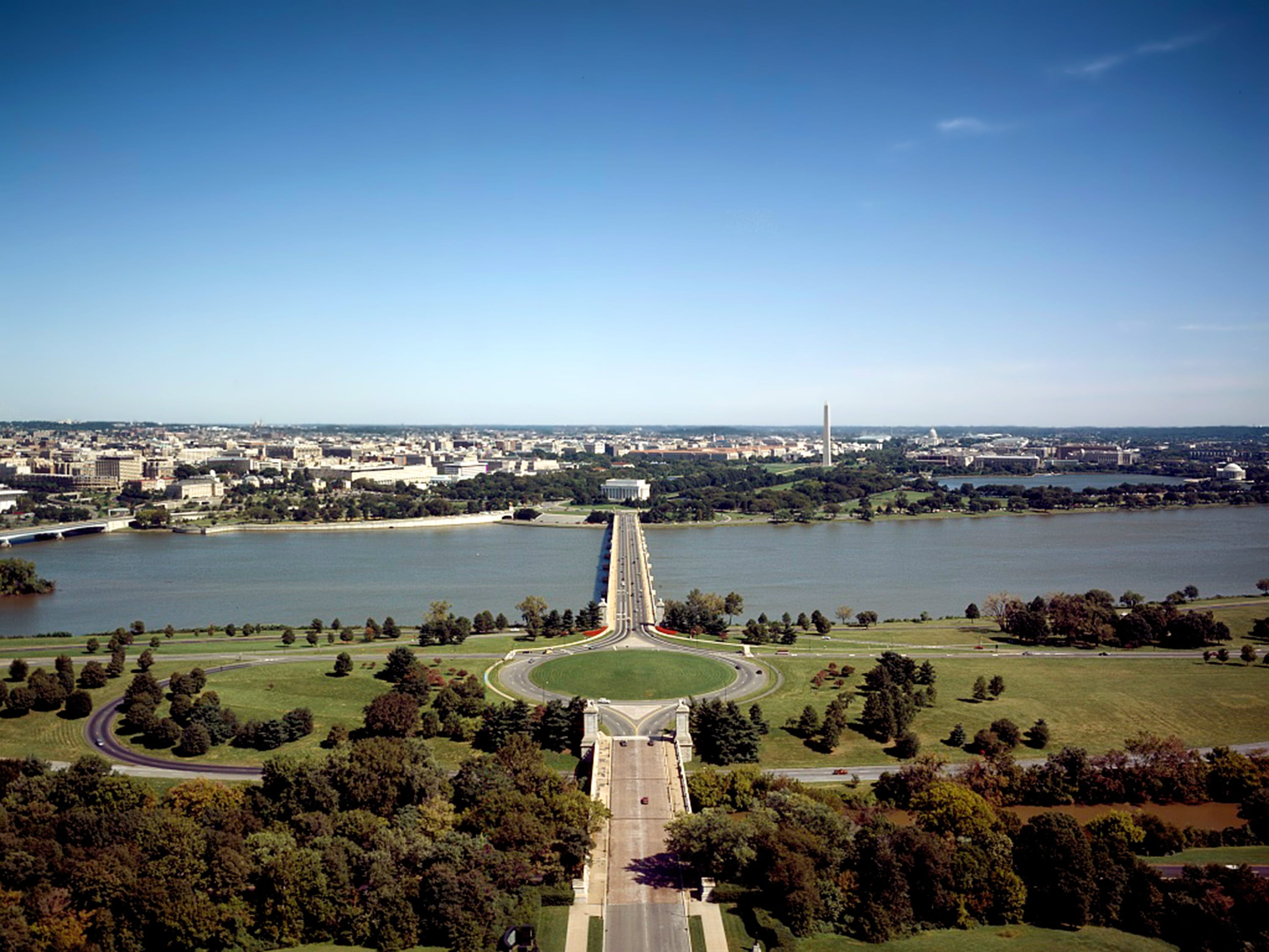 building exterior, usa, travel destinations, high angle view, tree, monument, clear sky, sky, washington, nature, day, travel, building, fall, bridge, outside, HD Wallpaper
