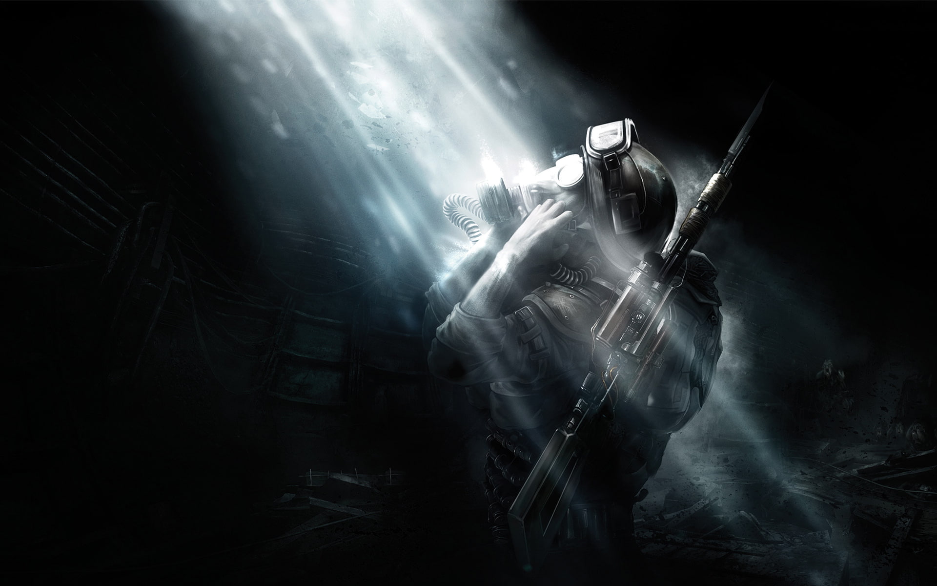 post, darkness, people, gas, guns, apocalyptic, metro, 1080P, gasmask, assault, collide, dark, rifles, weapons, mask, soldiers, light, HD Wallpaper