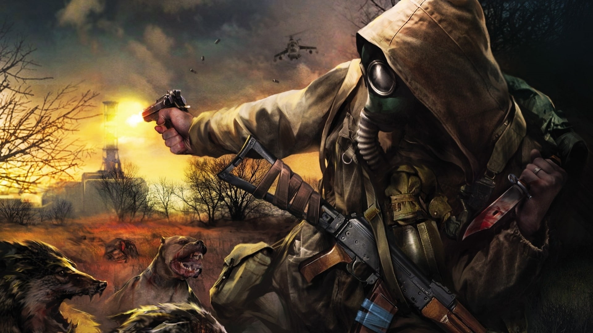 gassmask, S.T.A.L.K.E.R., art, hd, Video Games, guns, knives, helicopters, games, x, dogs, hind, animals, video, 1080P, stalker, HD Wallpaper