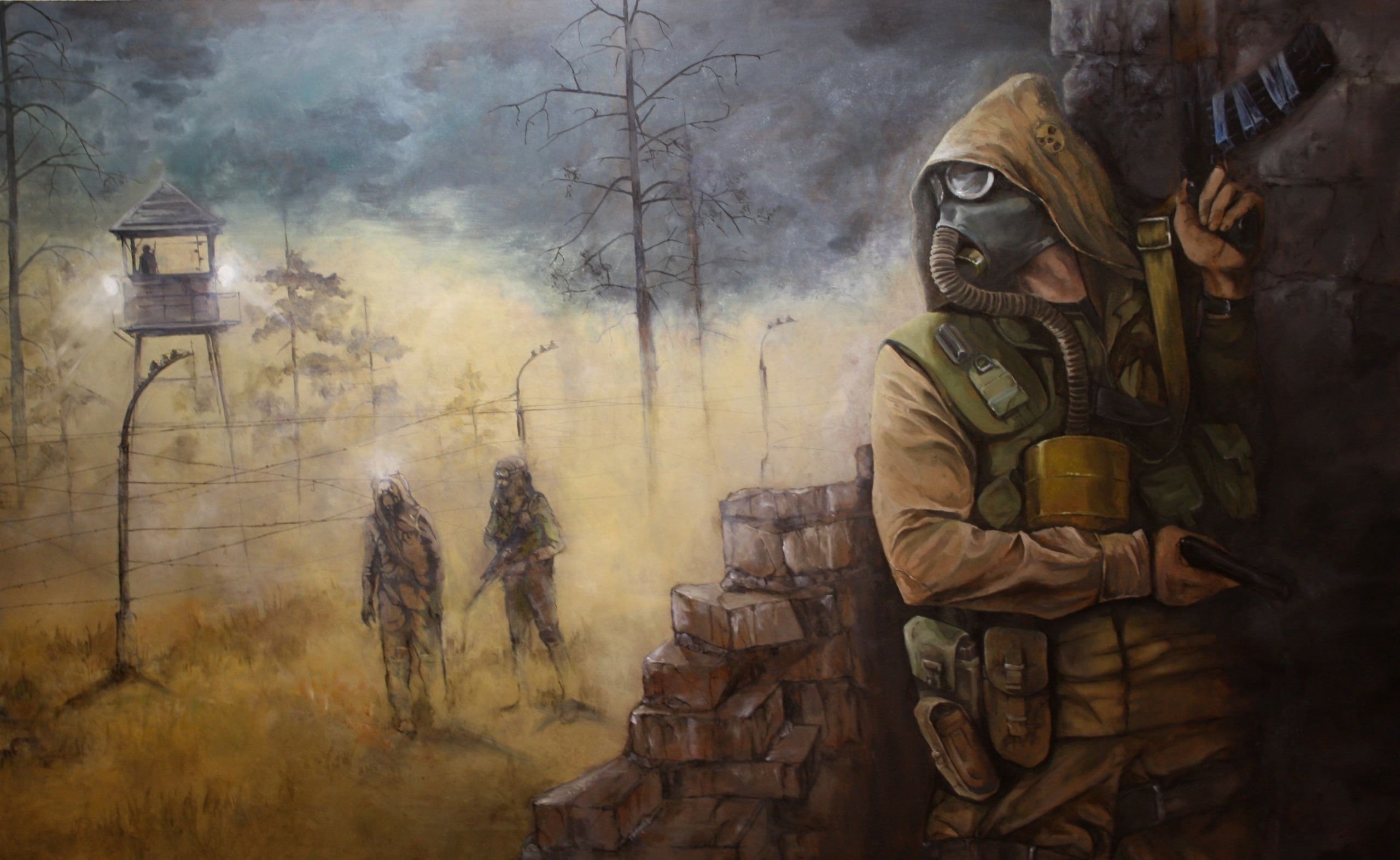 S.T.A.L.K.E.R., holding, painting, Games, smoke - physical structure, adult, fog, weapon, aggression, gas, warning sign, waist up, gun, clothing, looking, HD Wallpaper