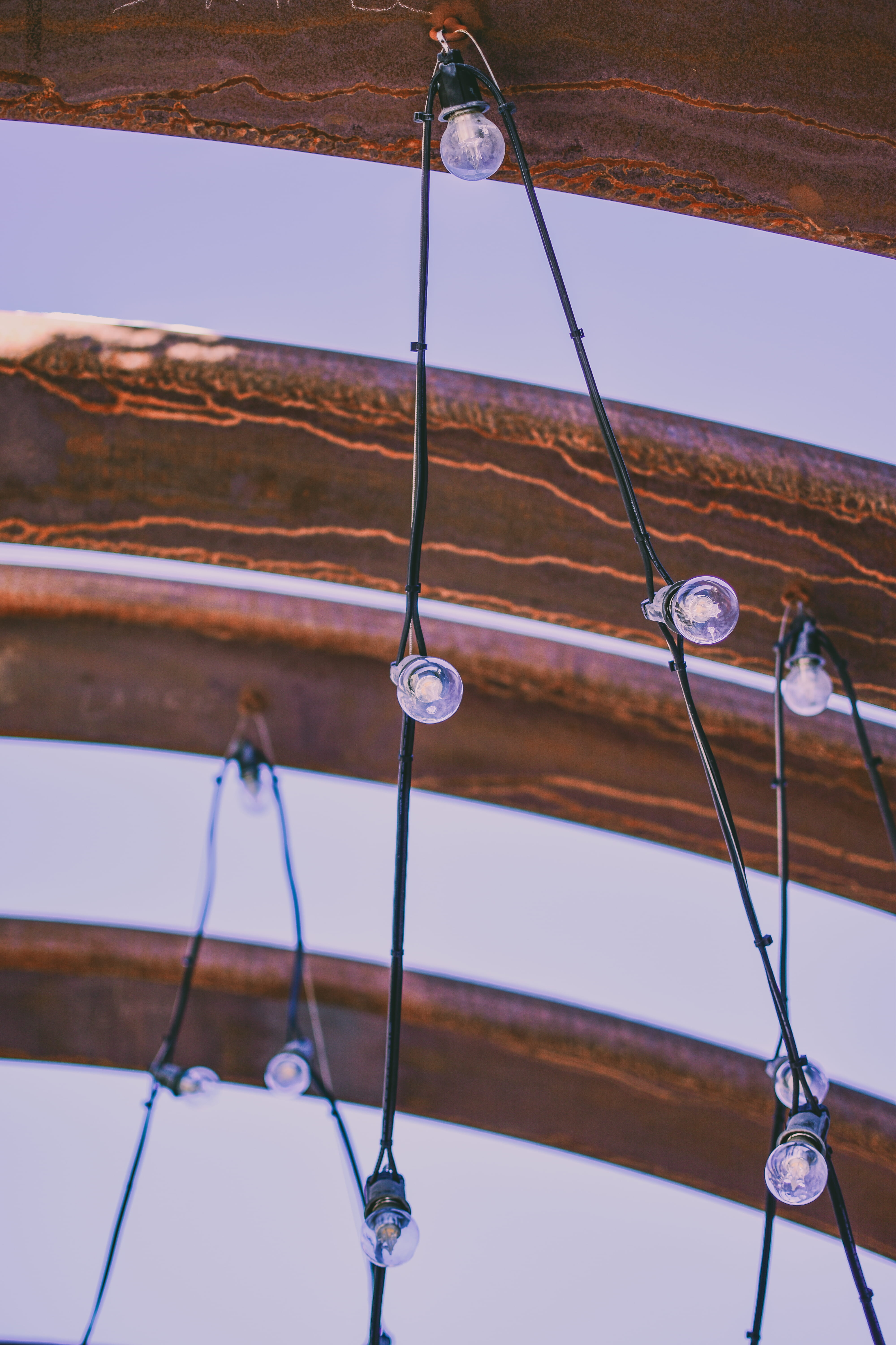 built structure, cable, wood - material, low angle view, light bulbs, architecture, ceiling, sky, day, hanging, outdoors, clear sky, decoration, close-up, Phone HD Wallpaper