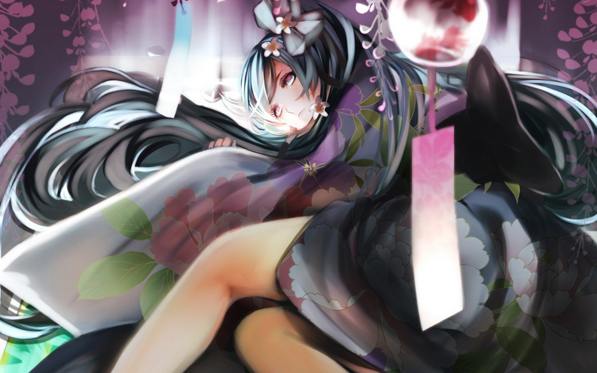1080P, long, lying, japanese, kimono, hair, miku, heterochromia, shading, aqua, pink, flowers, hatsune, ornaments, eyes, chimes, wind, clothes, vocaloid, HD Wallpaper