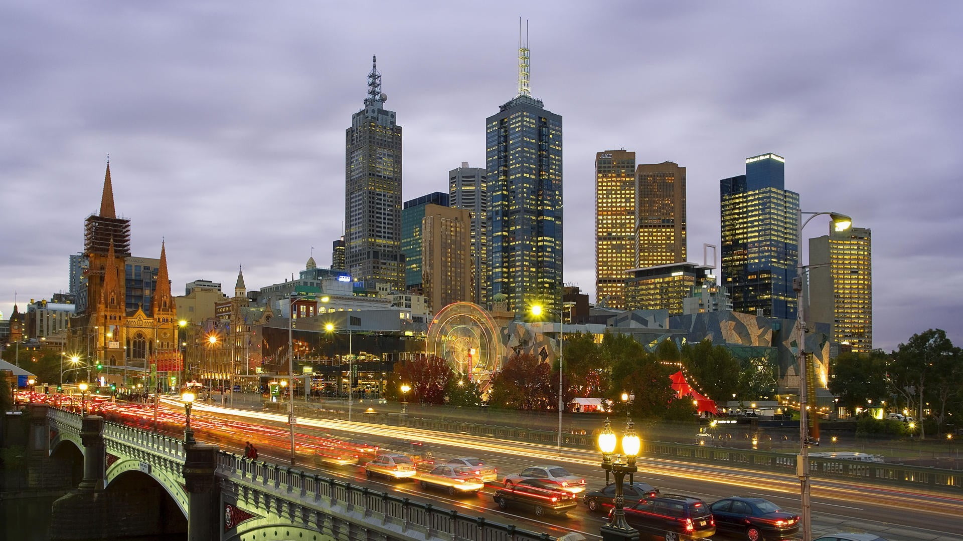 nature, black, building exterior, illuminated, outdoors, Melbourne, 1080P, architecture, dusk, city, city life, vehicles, light trail, built structure, HD Wallpaper
