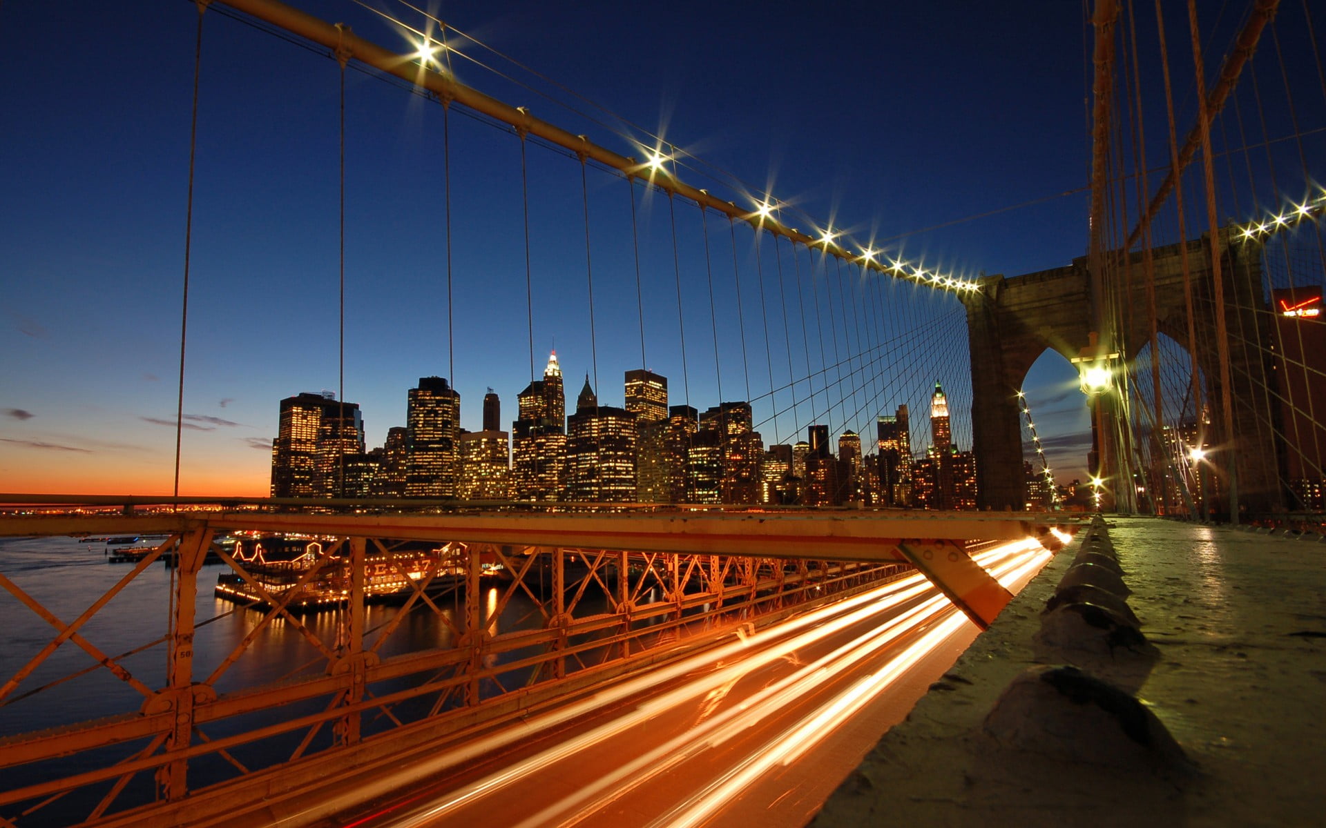 lights, city, connection, New York City, built structure, water, skyscraper, illuminated, sky, light trail, evening, building exterior, transportation, HD Wallpaper