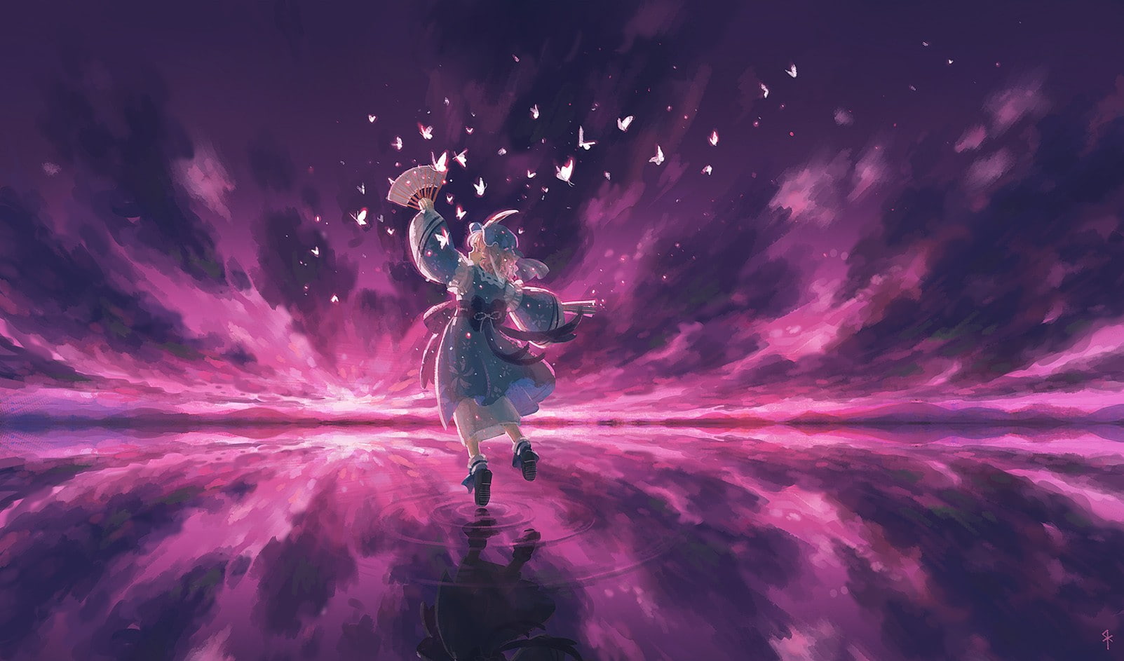veil, skies, bows, hats, touhou, arms, water, skyscapes, bangs, blue, yuyuko, games, reflections, hair, anime, butterflies, girls, video, fans, socks, pink, HD Wallpaper
