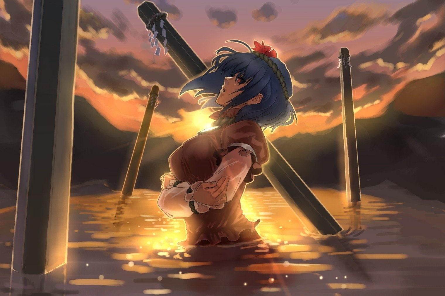 goddess, reflections, games, ropes, skyscapes, onbashira, lakes, skies, ornaments, kanako, eyes, crossed, 720P, blue, water, parted, clouds, women, touhou, HD Wallpaper