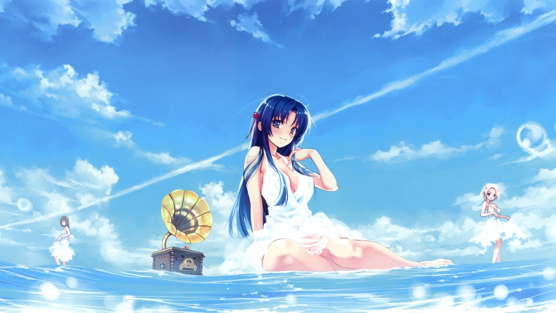 long, nan, mile, suiheisen, barefoot, anime, misaki, gramophone, games, hair, white, dress, cleavage, skyscapes, koga, short, sitting, sayoko, visual, blue, HD Wallpaper
