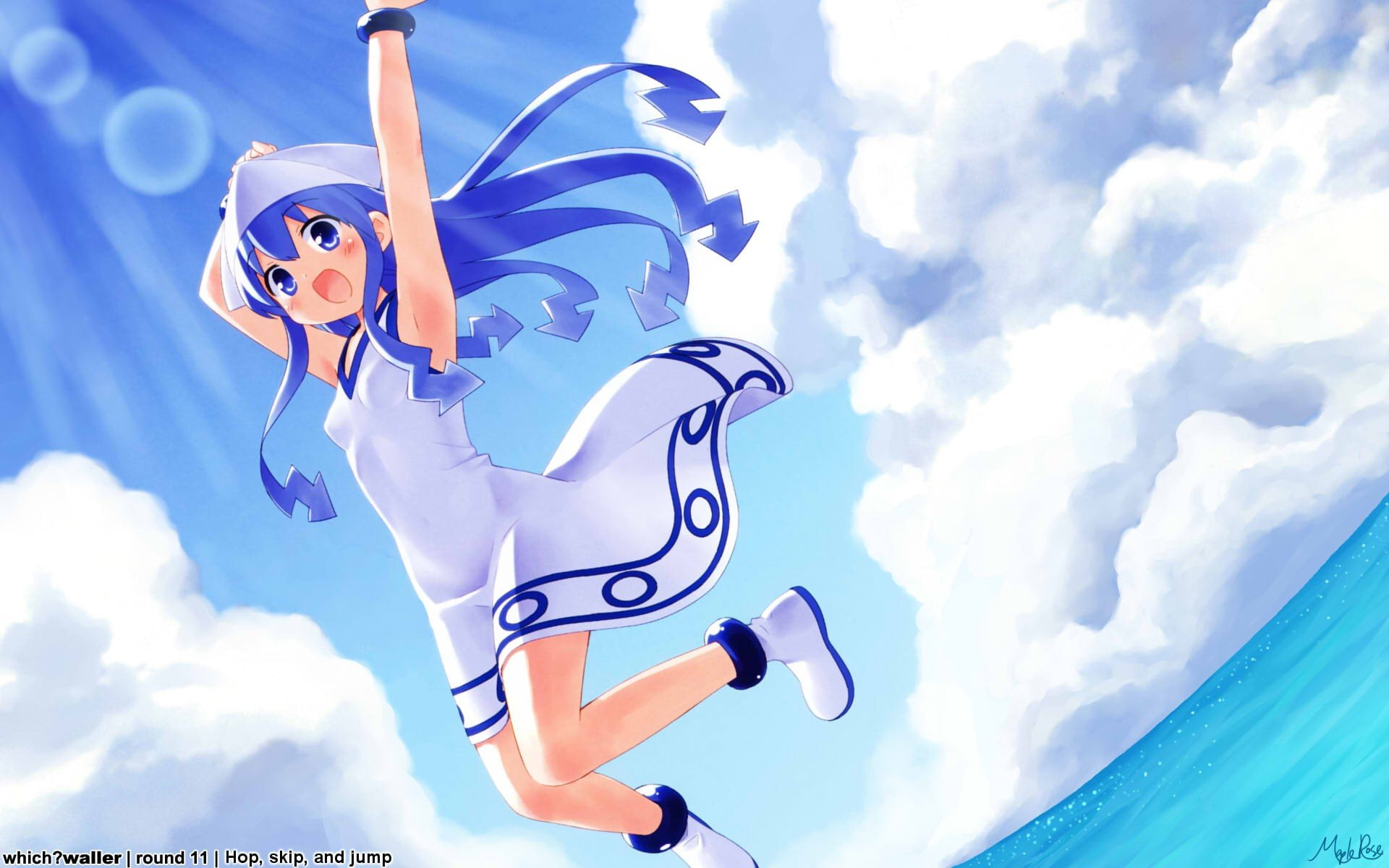 mouth, water, blue, long, hair, ika, shinryaku, musume, clouds, eyes, open, 1080P, girls, anime, skyscapes, HD Wallpaper