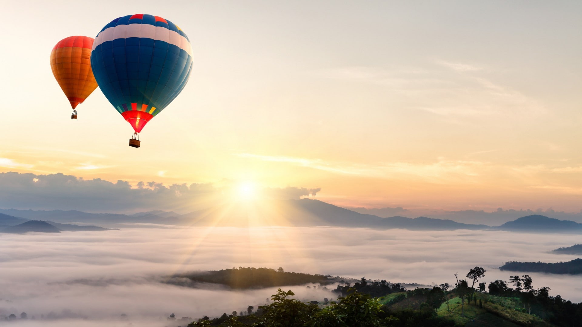 skyscape, sun rays, mountains, landscape, hot air balloons, clouds, 1080P, HD Wallpaper