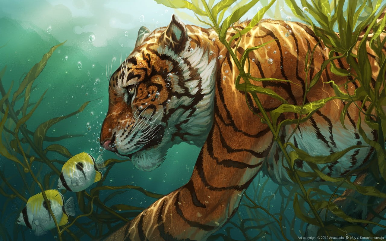 x, hd, fandom, fish, Tigers, skyscapes, furry, water, 720P, animals, art, HD Wallpaper