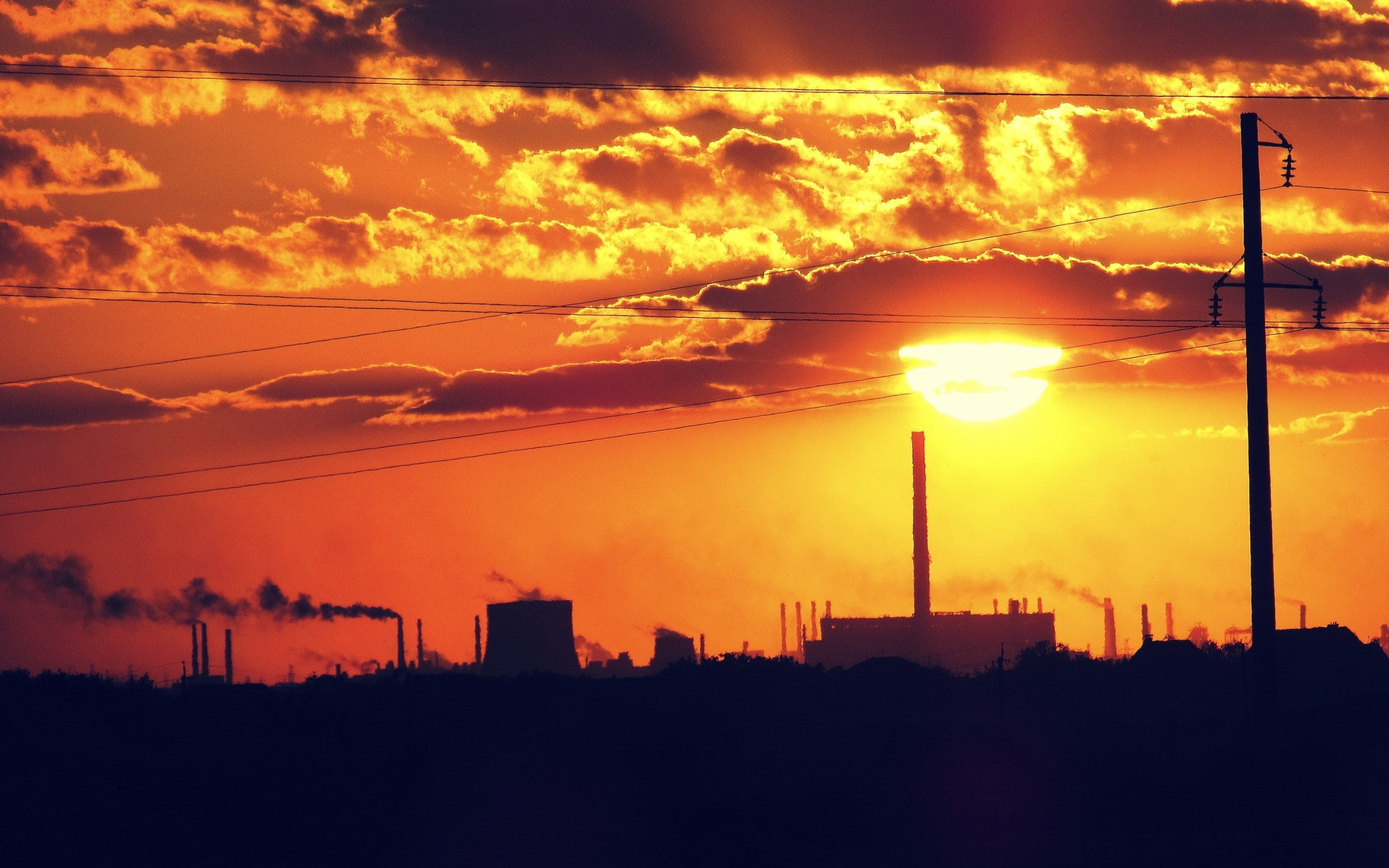 sky, no people, sunlight, 2K, orange color, factory, skyscape, power supply, building, power lines, sunset, pollution, nature, outdoors, cloud - sky, sun, HD Wallpaper