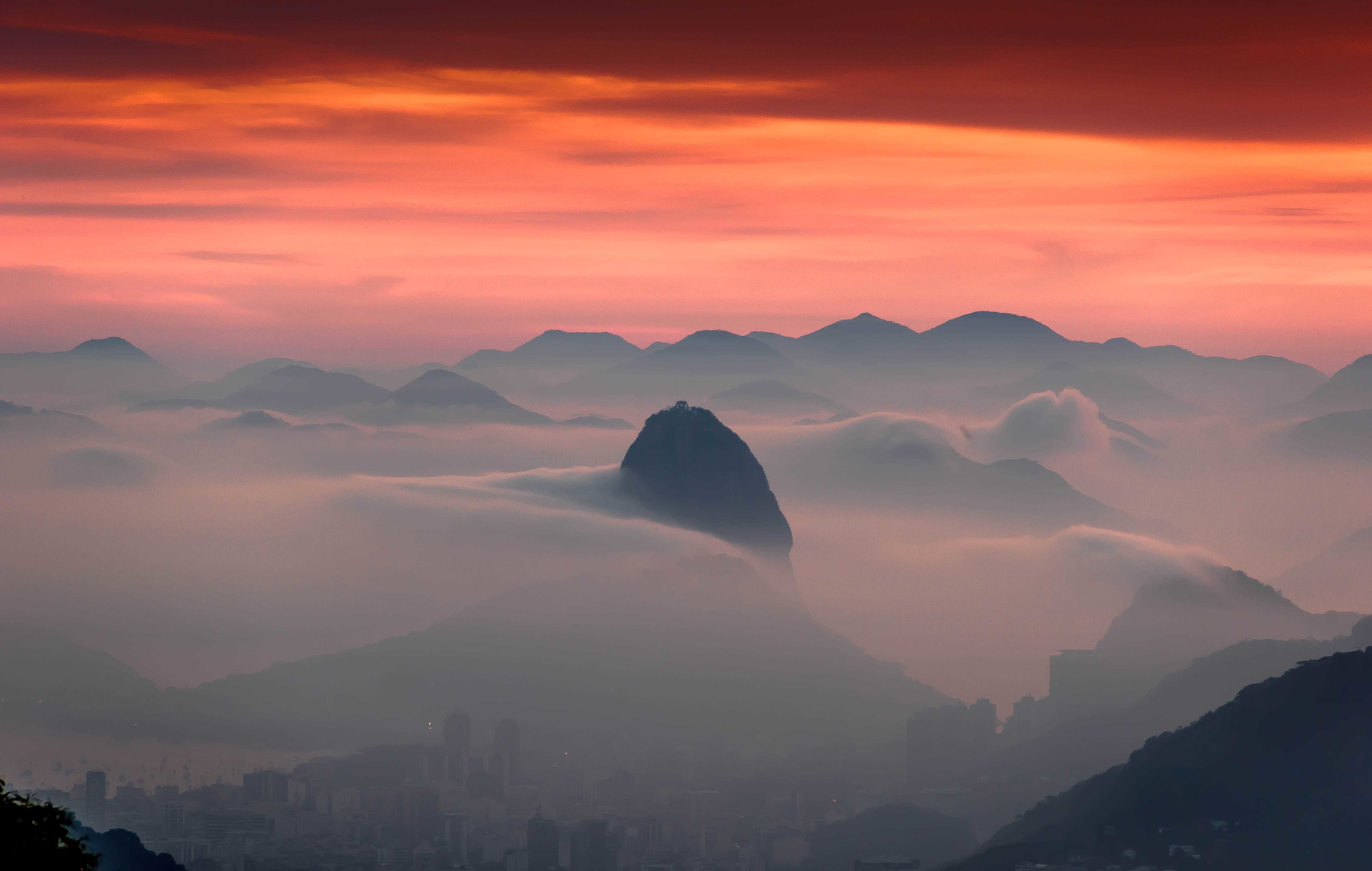 nature, landscape, Rio de Janeiro, sunset, orange sky, 5K, skyscape, city, mountains, HD Wallpaper