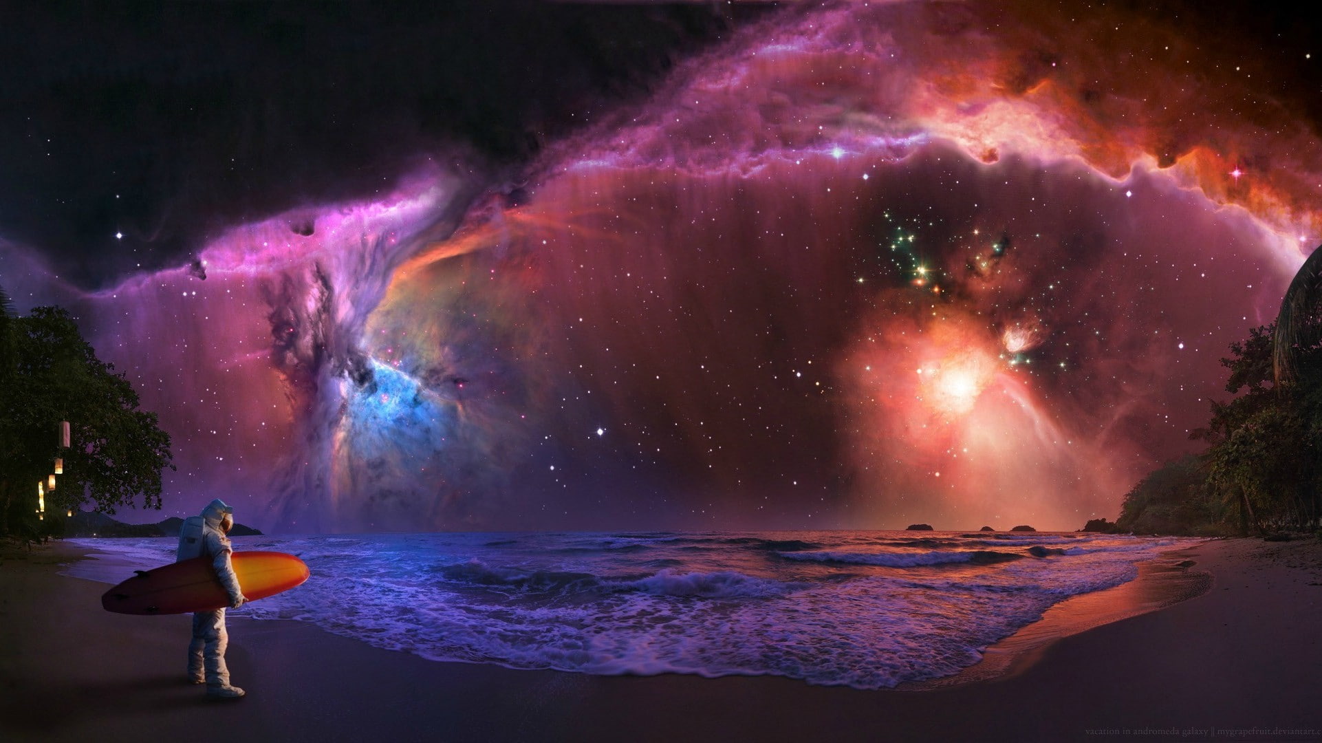 1080P, astronaut surfing nebula, HD Wallpaper