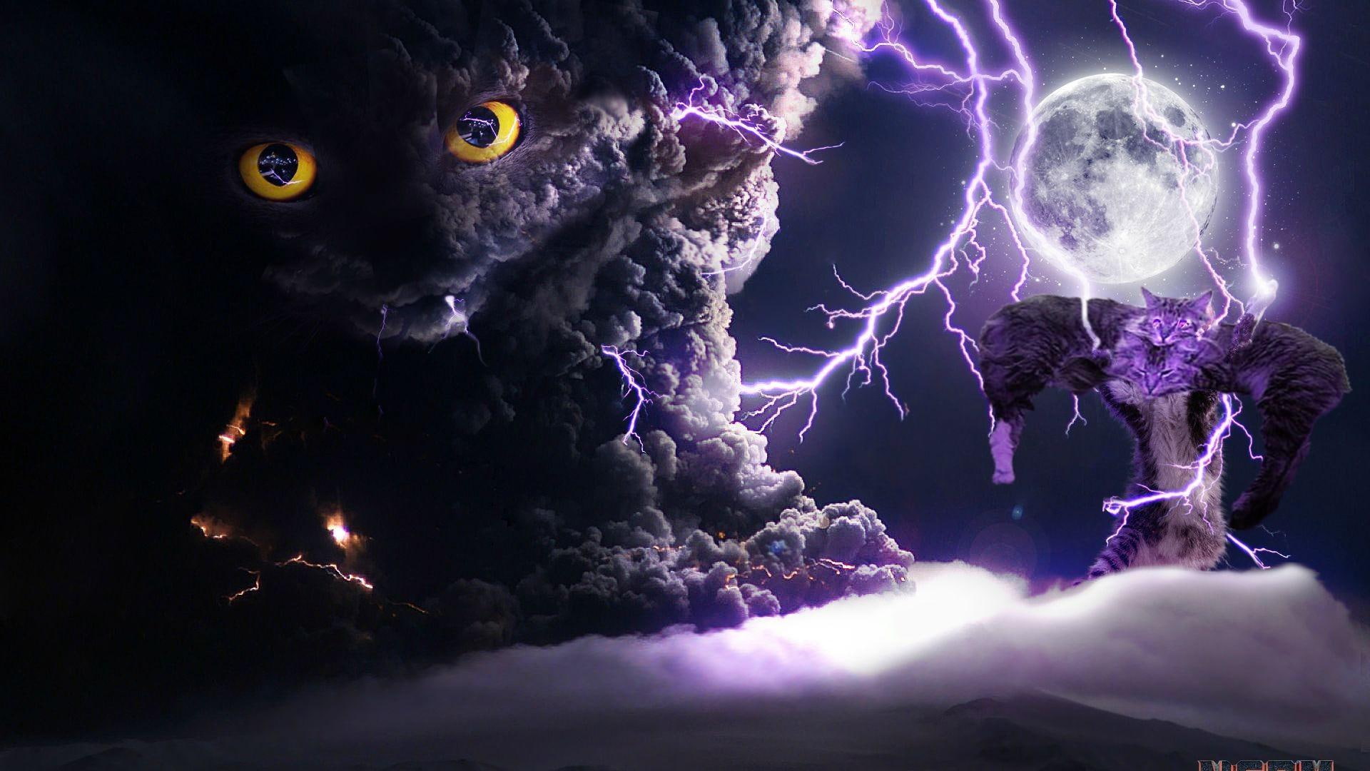 god, 1080P, lightning, smoke, moon, eyes, cat, HD Wallpaper