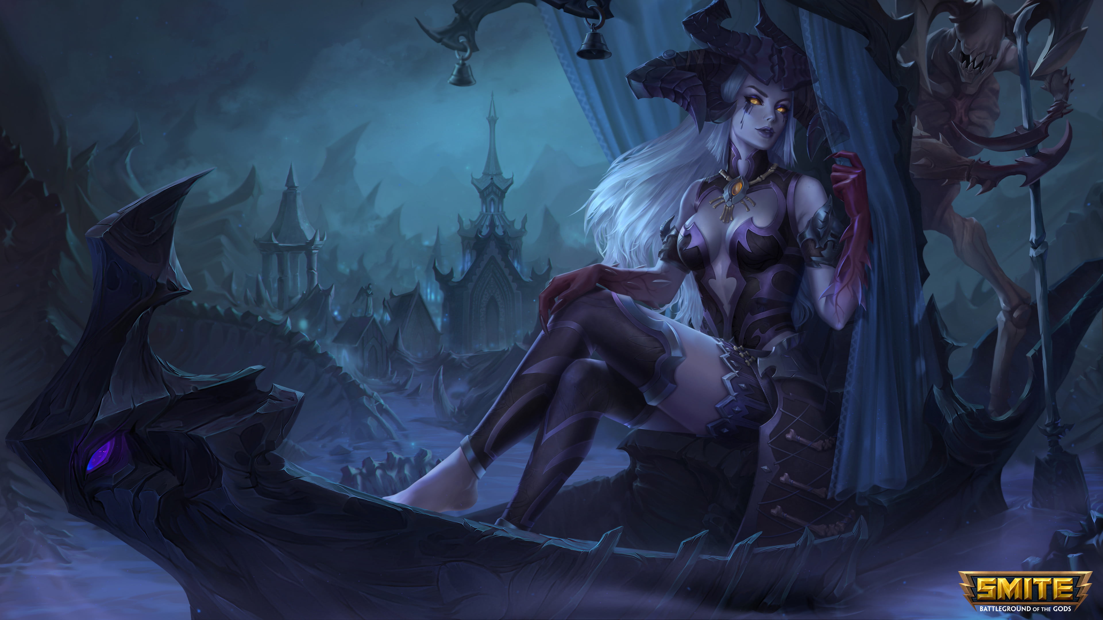 horns, 4K, mythology, dark, castle, glowing eyes, Katya Cyan, night, black clothing, drawing, gods, Smite, Persephone (Smite), silver hair, dress, women, HD Wallpaper