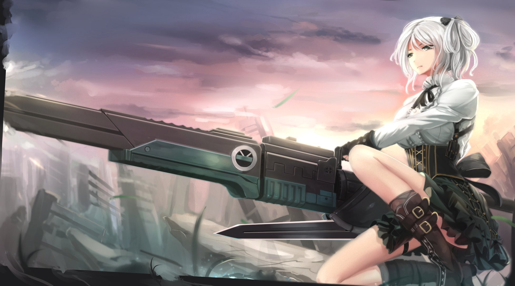 eyes, (god, ciel, boots, god, gloves, eater, kikivi, white, gun, weapon, bow, corset, gray, skirt, eater), hair, 1080P, HD Wallpaper