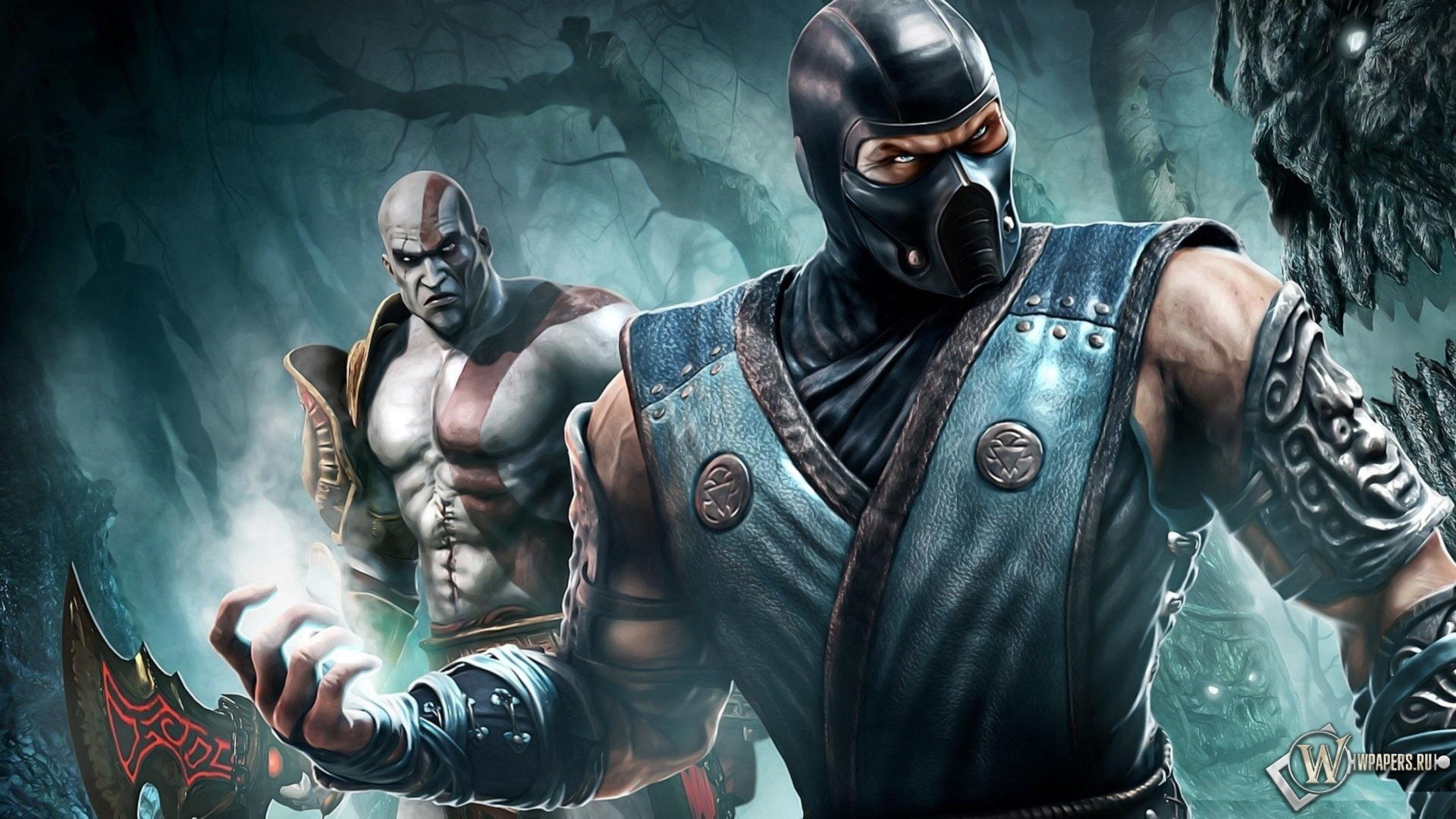 Mortal Kombat, Weapon, Sub-Zero (Mortal Kombat), Ninja, Mask, Man, Tattoo, Blue Eyes, Kratos (God Of War), Sword, 1080P, Night, HD Wallpaper