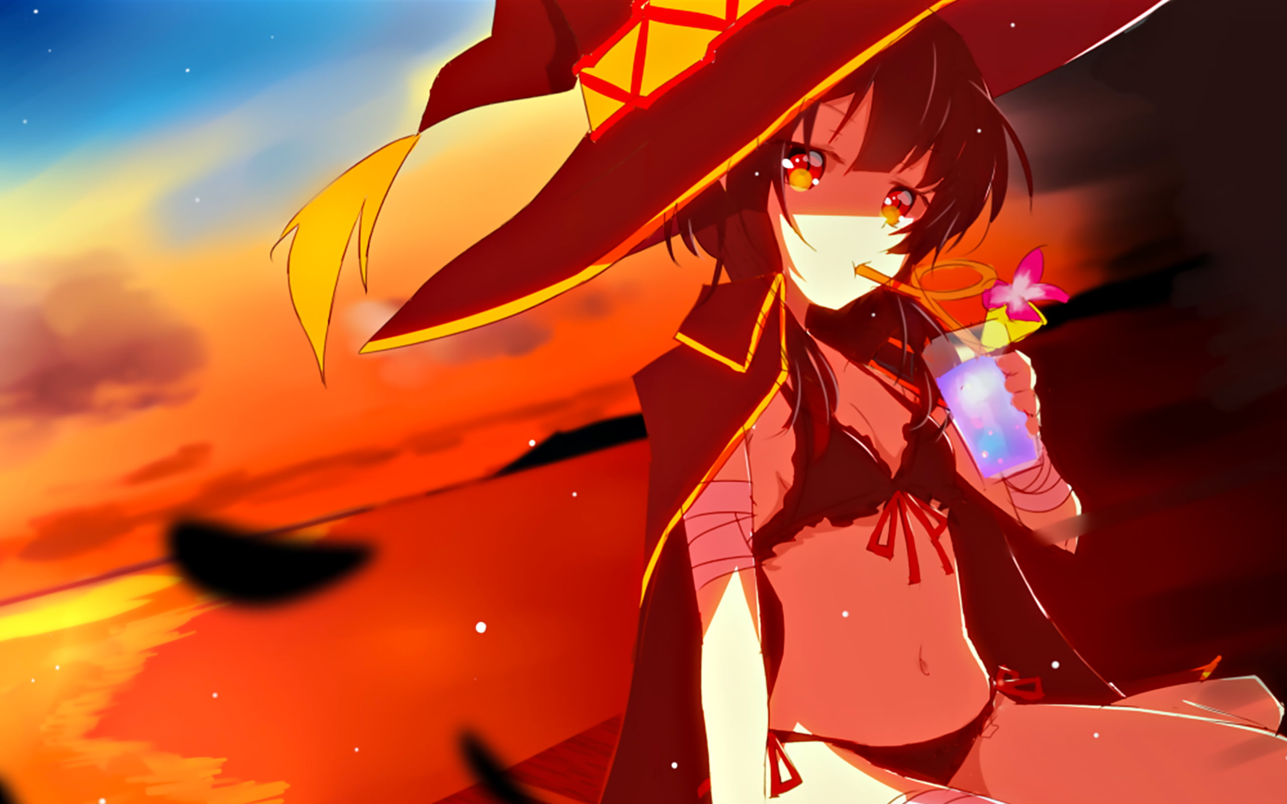 drinking, anime girls, beach, Megumin, digital art, KonoSuba – God’s blessing on this wonderful world!!, fan art, bangs, black bikinis, short hair, brunette, HD Wallpaper