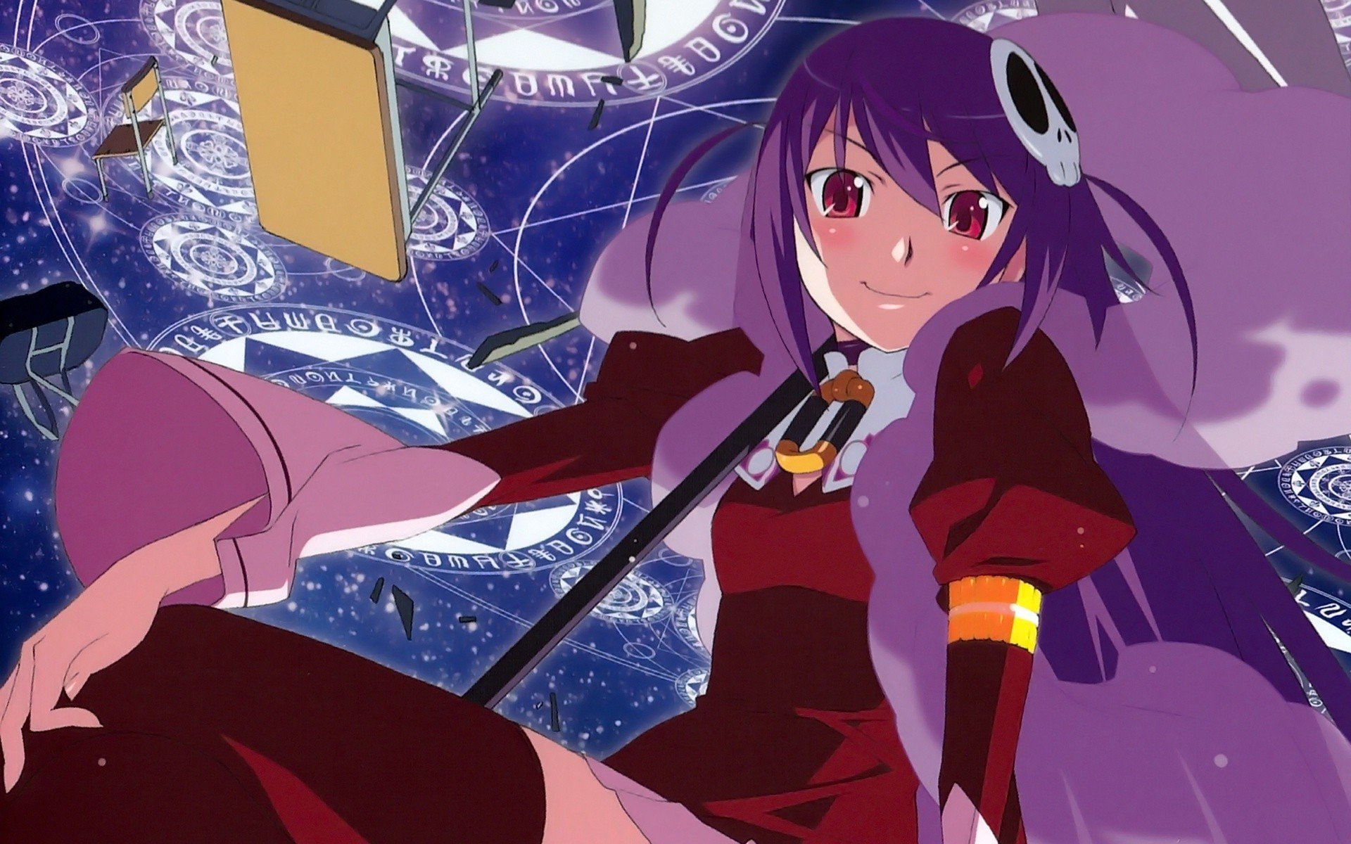 purple, anime, eyes, women, hair, haqua, ornaments, god, 1080P, world, red, lot, herminium, HD Wallpaper