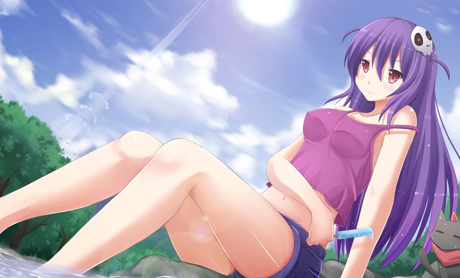 water, herminium, skies, 720P, red, long, animals, sakamoto, hair, cats, eyes, navel, crossovers, food, clouds, popsicles, trees, god, haqua, lot, world, HD Wallpaper