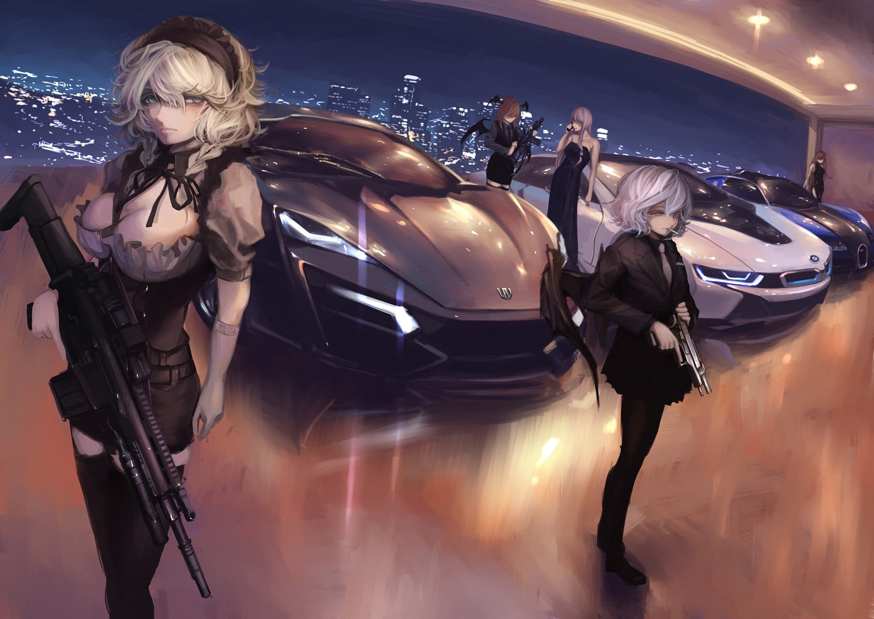 night, mode of transportation, motor vehicle, long hair, standing, 720P, Touhou, weapon, females, occupation, anime girls, mid adult, real people, young adult, HD Wallpaper