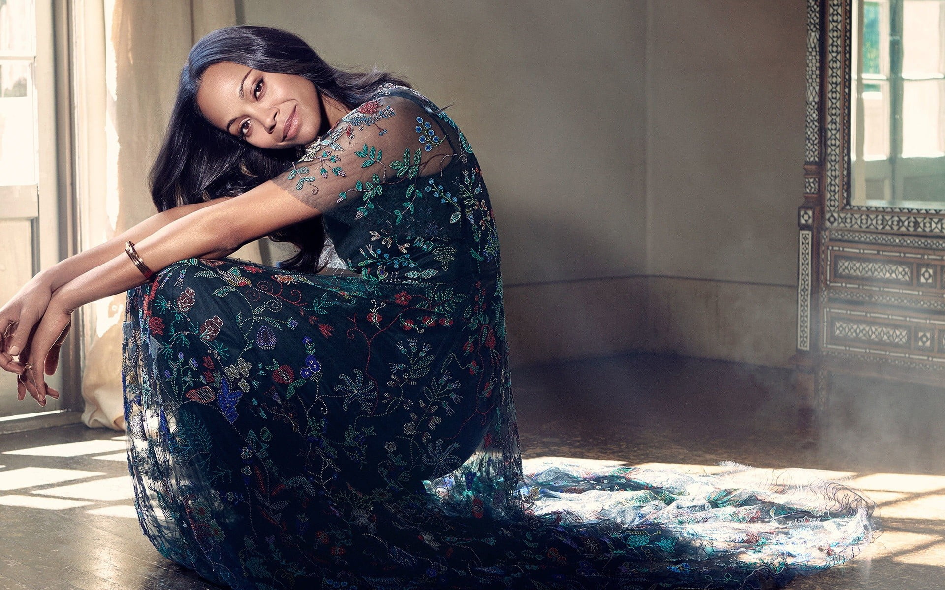 standing, beauty, long hair, actress, brunette, one person, lifestyles, happiness, adult, Zoe Saldana, floral pattern, clothing, dress, young adult, hairstyle, HD Wallpaper