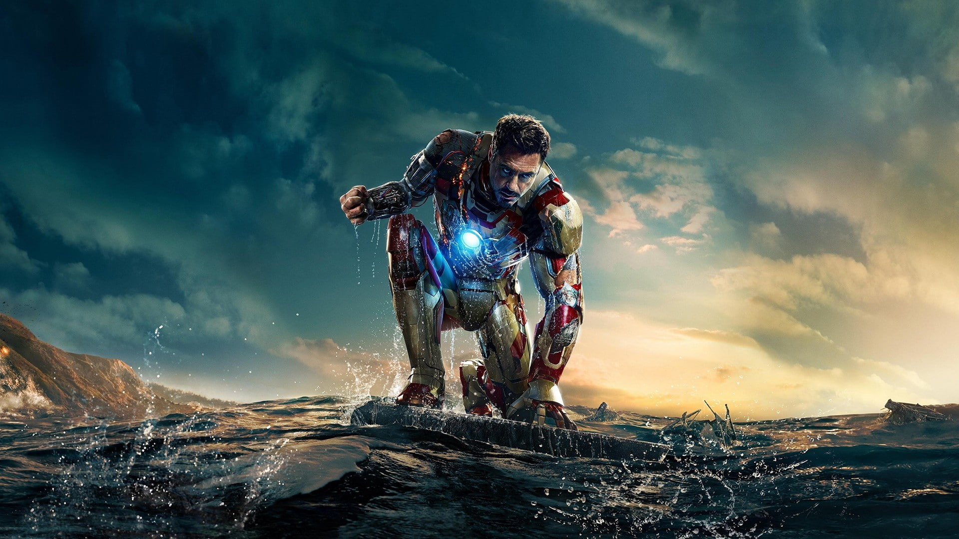 Tony Stark, Iron Man 3, Iron Man, water, sea, 1080P, The Avengers, Robert Downey Jr., Marvel Cinematic Universe, HD Wallpaper