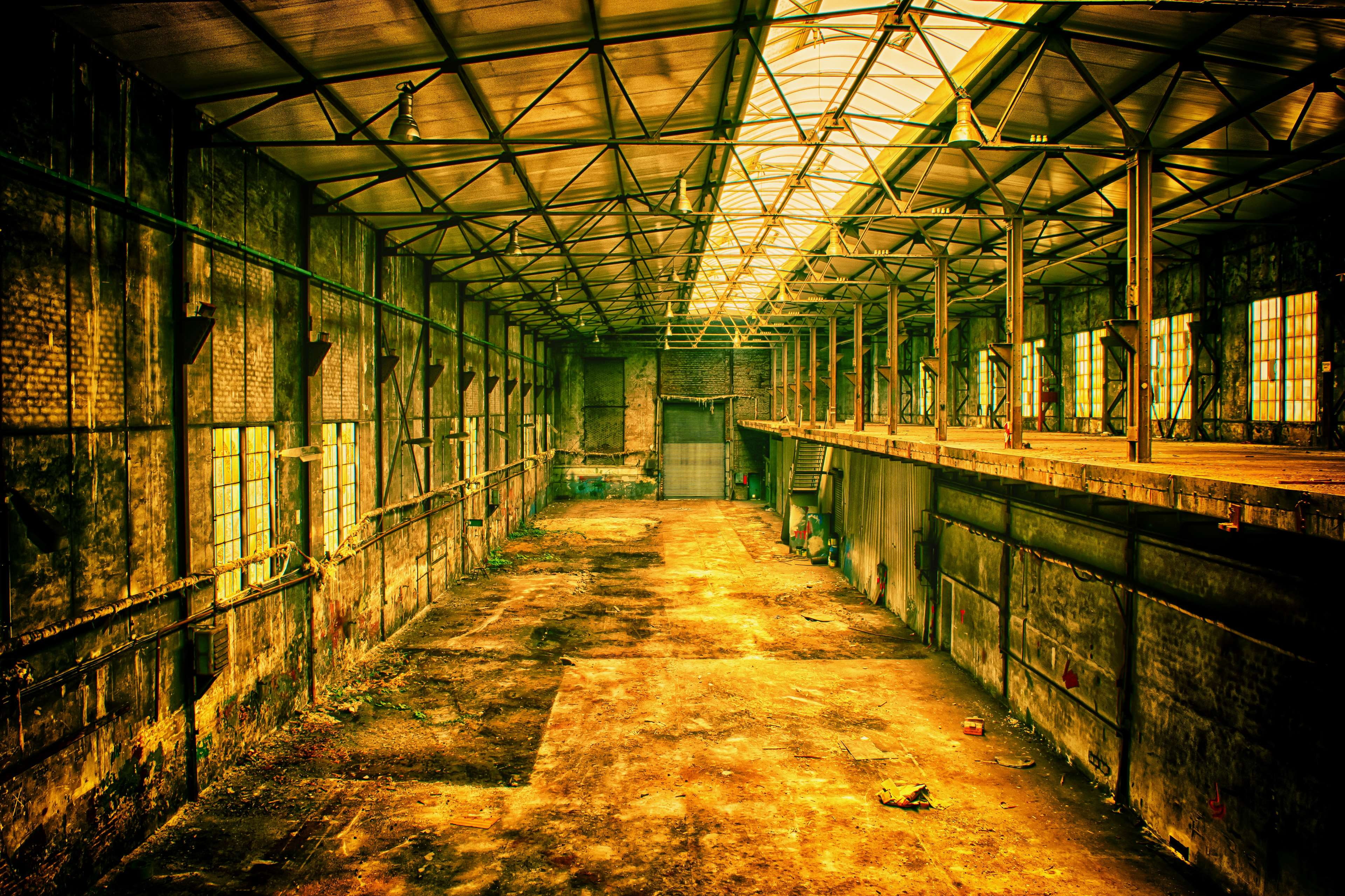 industrial plant, dirt, sunlight, day, pforphoto, messy, building, empty, ruin, diminishing perspective, factory, built structure, hall, work, industry, HD Wallpaper