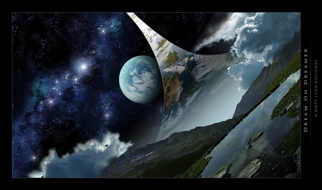 water, beauty in nature, Halo, tranquility, Ringworld, text, low angle view, Stars, dreamer, Planet, digital composite, sky, space, night, transfer print, HD Wallpaper