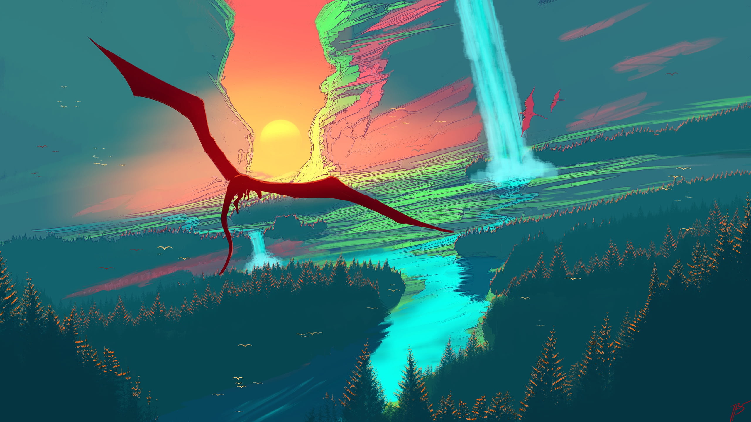 trees, landscape, fantasy art, digital art, artist, 2K, fantasy landscape, river, forest, sunset, artwork, dragon, waterfall, fantasy, JoeyJazz, HD Wallpaper