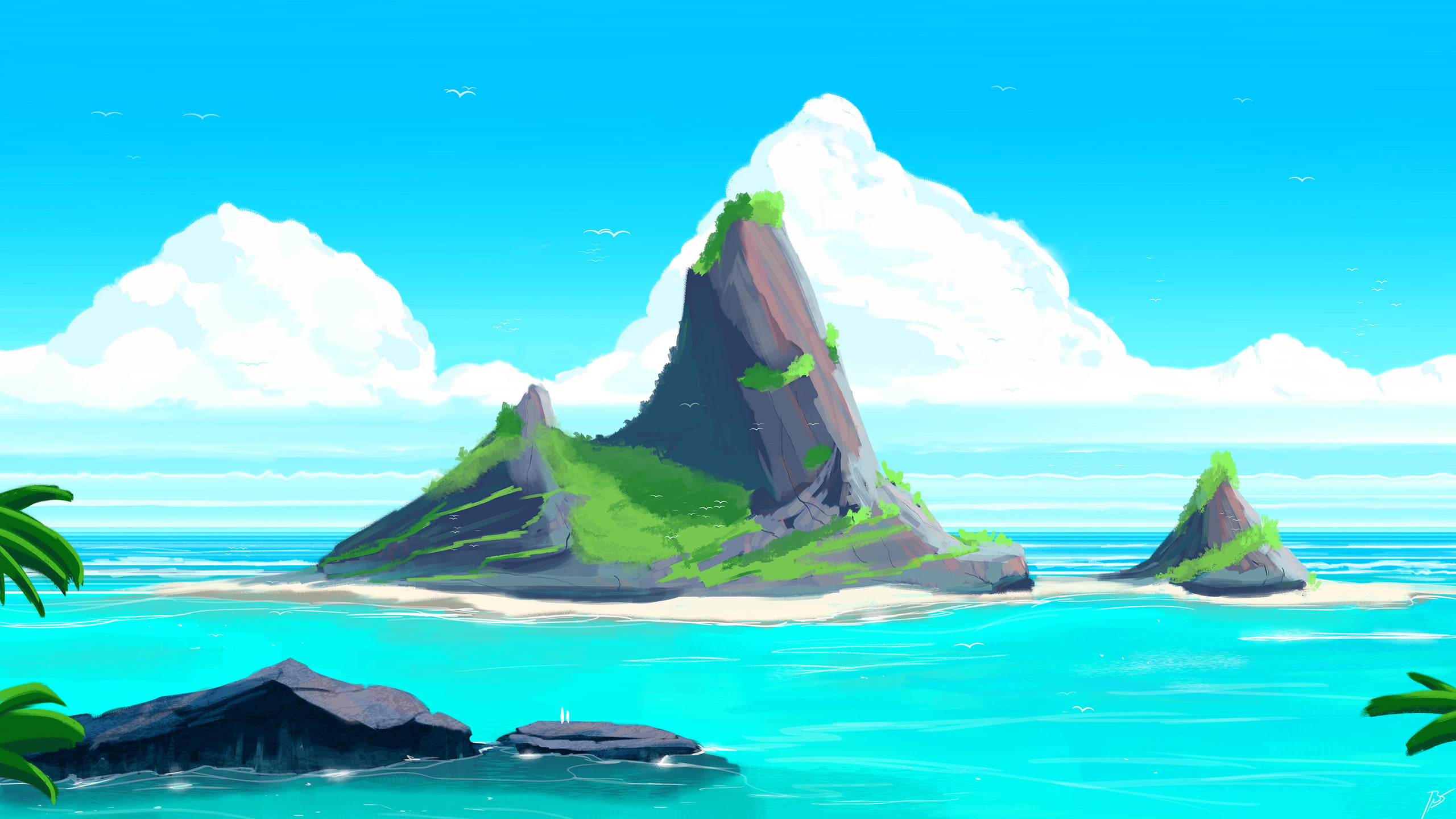 birds, digital painting, sea, tropical, island, 2K, JoeyJazz, HD Wallpaper