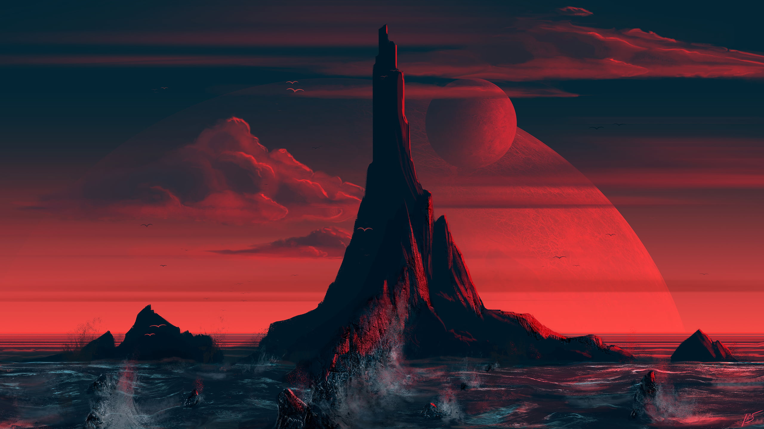 landscape, island, JoeyJazz, clouds, dark, sea, 2K, artwork, digital art, HD Wallpaper