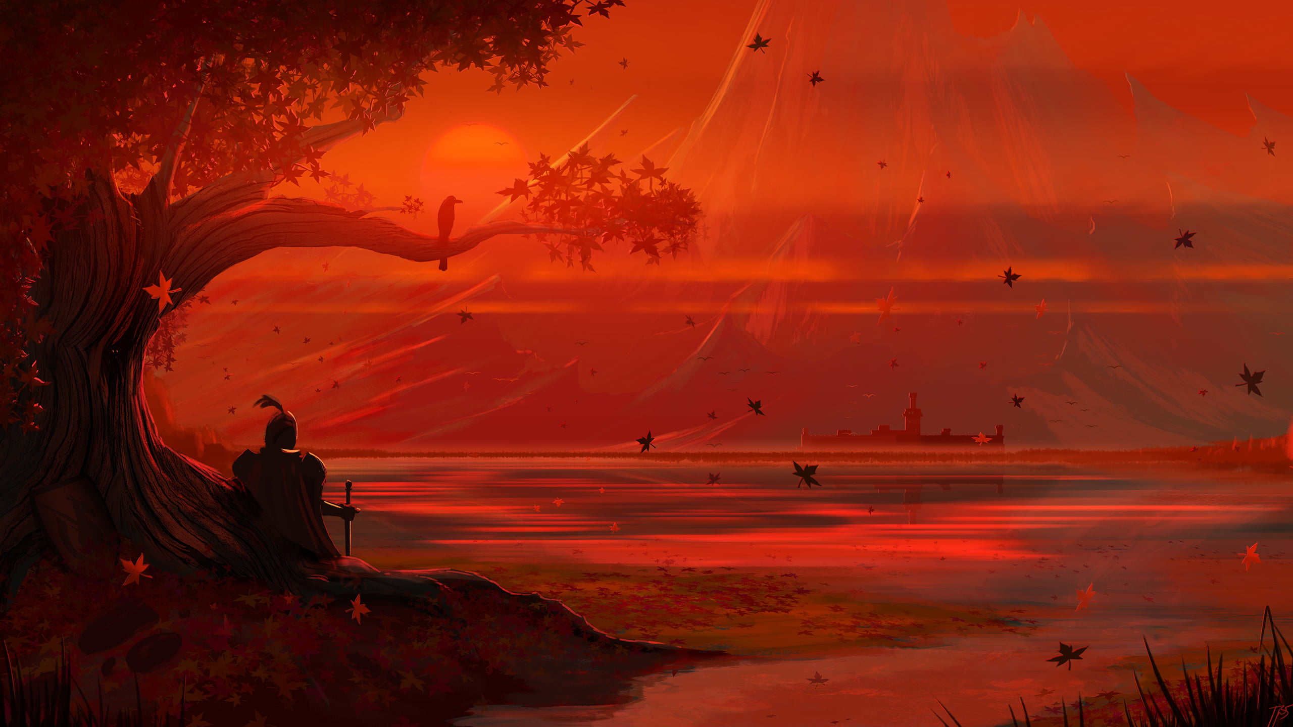 trees, fall, red, fantasy art, knight, fallen leaves, sunset, JoeyJazz, mountains, 2K, HD Wallpaper